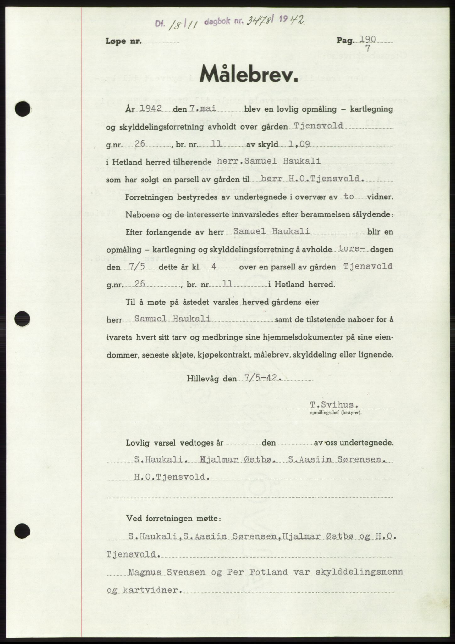 Jæren sorenskriveri, SAST/A-100310/03/G/Gba/L0083: Mortgage book, 1942-1942, Diary no: : 3478/1942