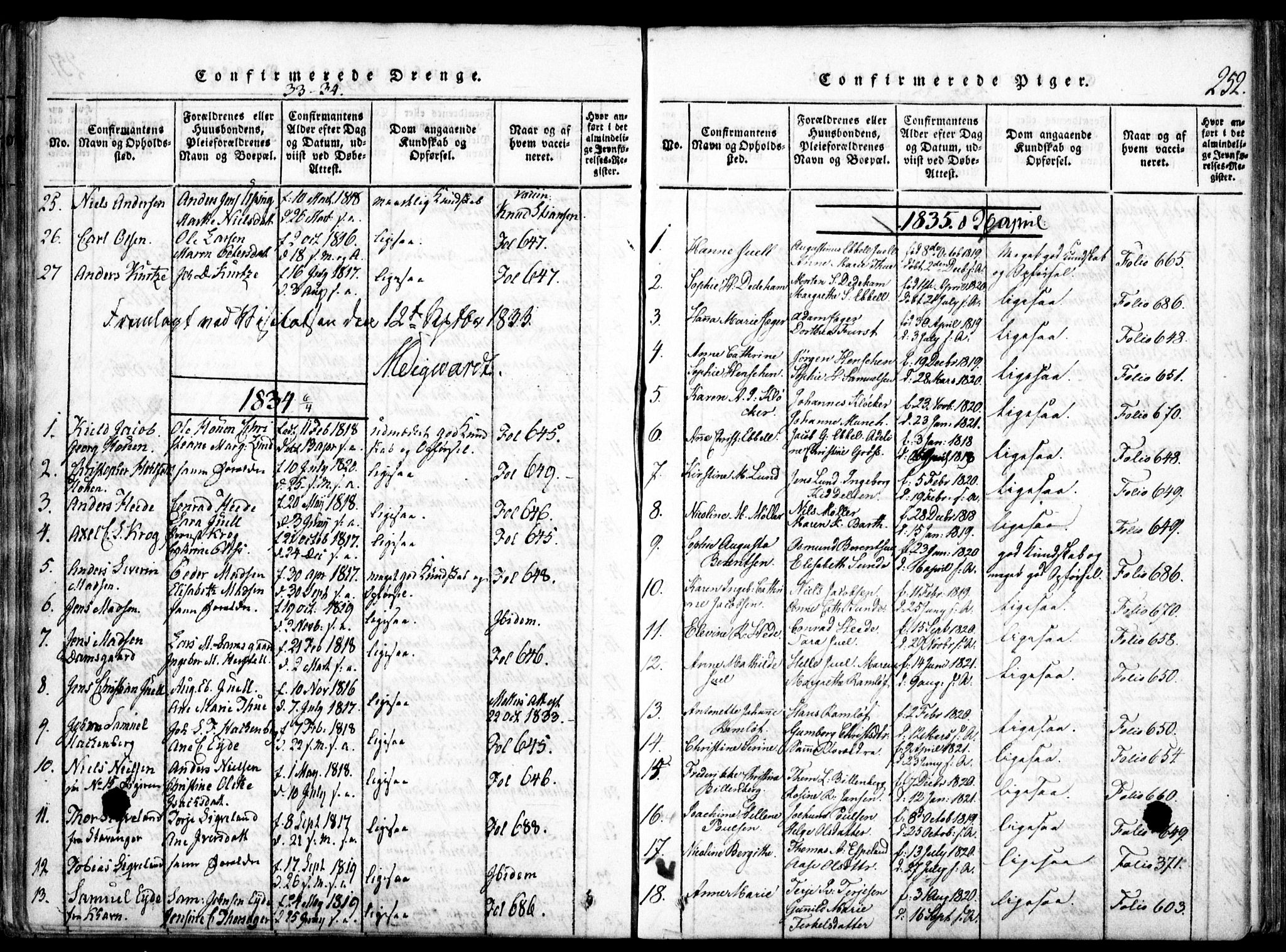 Arendal sokneprestkontor, Trefoldighet, SAK/1111-0040/F/Fa/L0004: Parish register (official) no. A 4, 1816-1839, p. 252