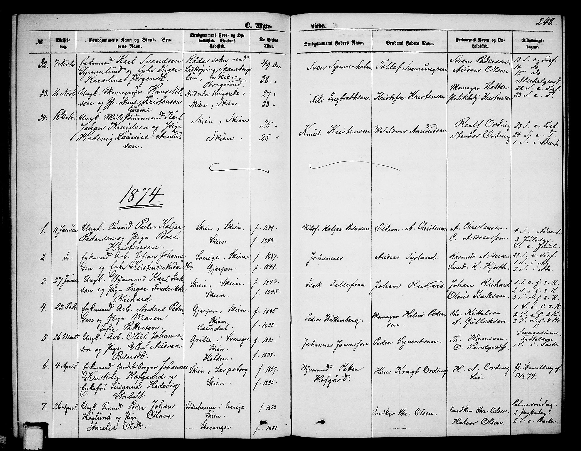 Skien kirkebøker, AV/SAKO-A-302/G/Ga/L0005: Parish register (copy) no. 5, 1868-1880, p. 248