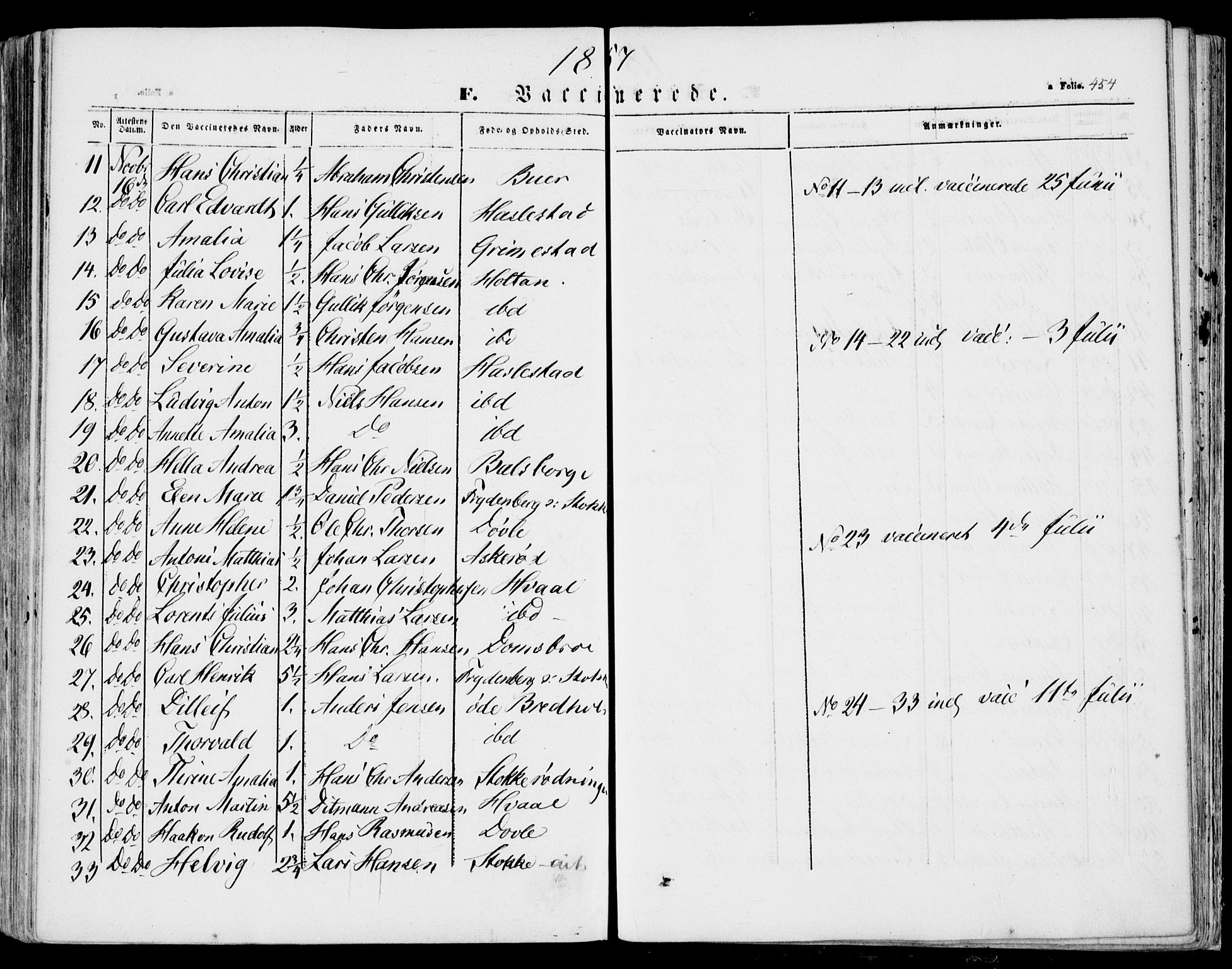 Stokke kirkebøker, AV/SAKO-A-320/F/Fa/L0007: Parish register (official) no. I 7, 1844-1857, p. 454