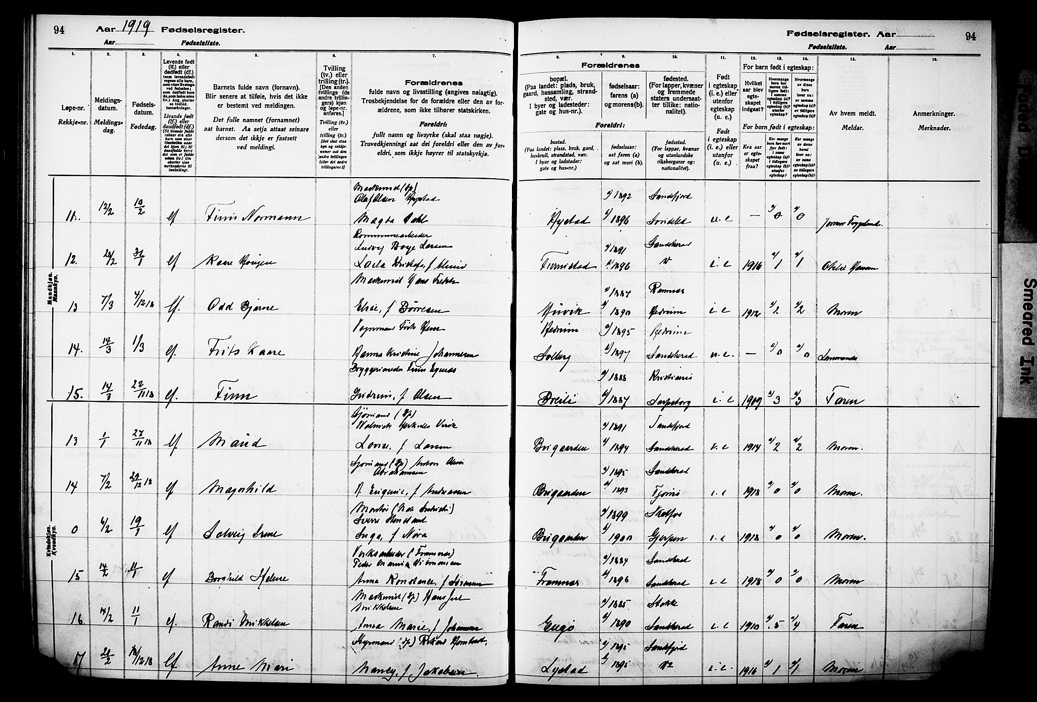 Sandar kirkebøker, AV/SAKO-A-243/J/Ja/L0001: Birth register no. 1, 1916-1922, p. 94