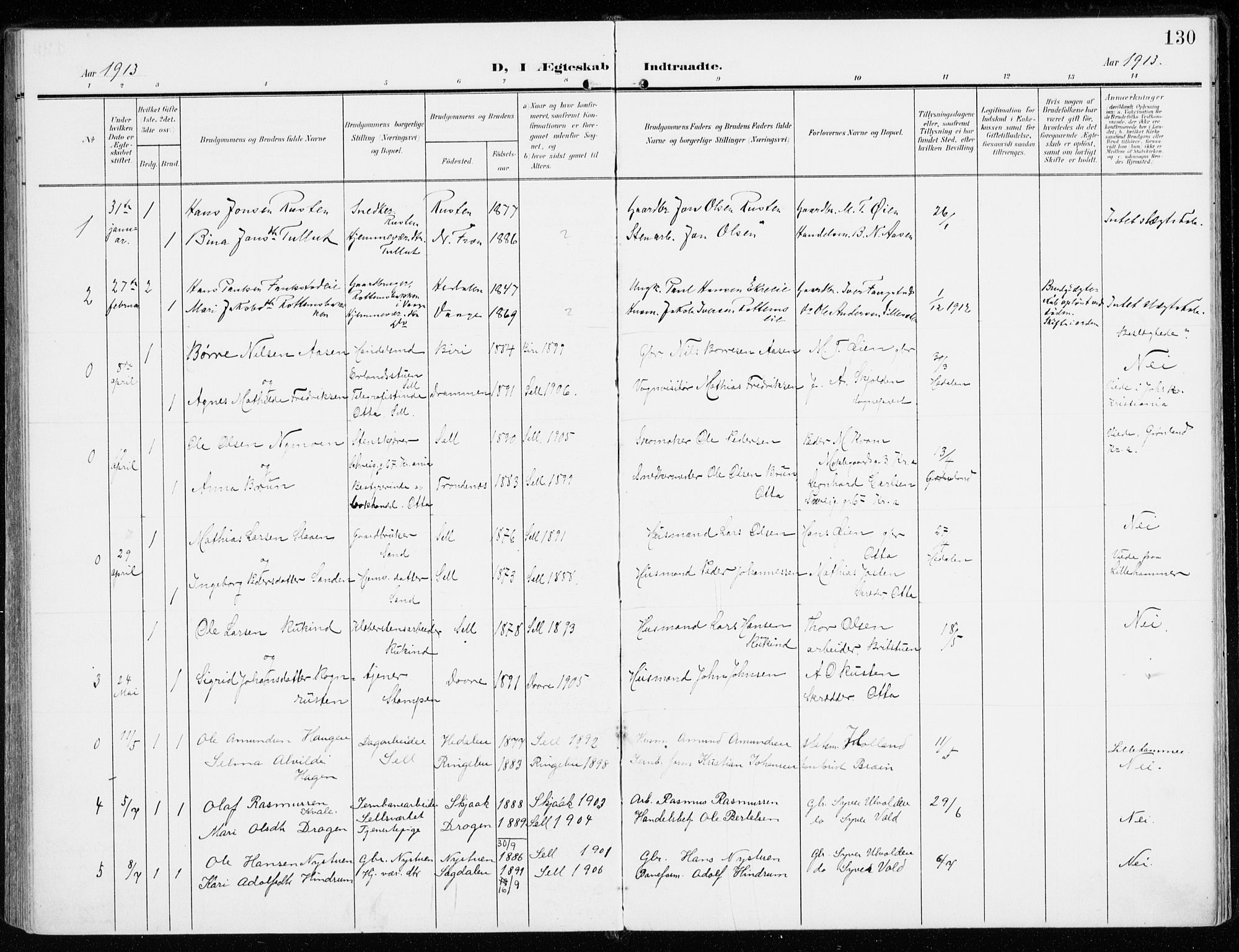Sel prestekontor, SAH/PREST-074/H/Ha/Haa/L0002: Parish register (official) no. 2, 1905-1919, p. 130