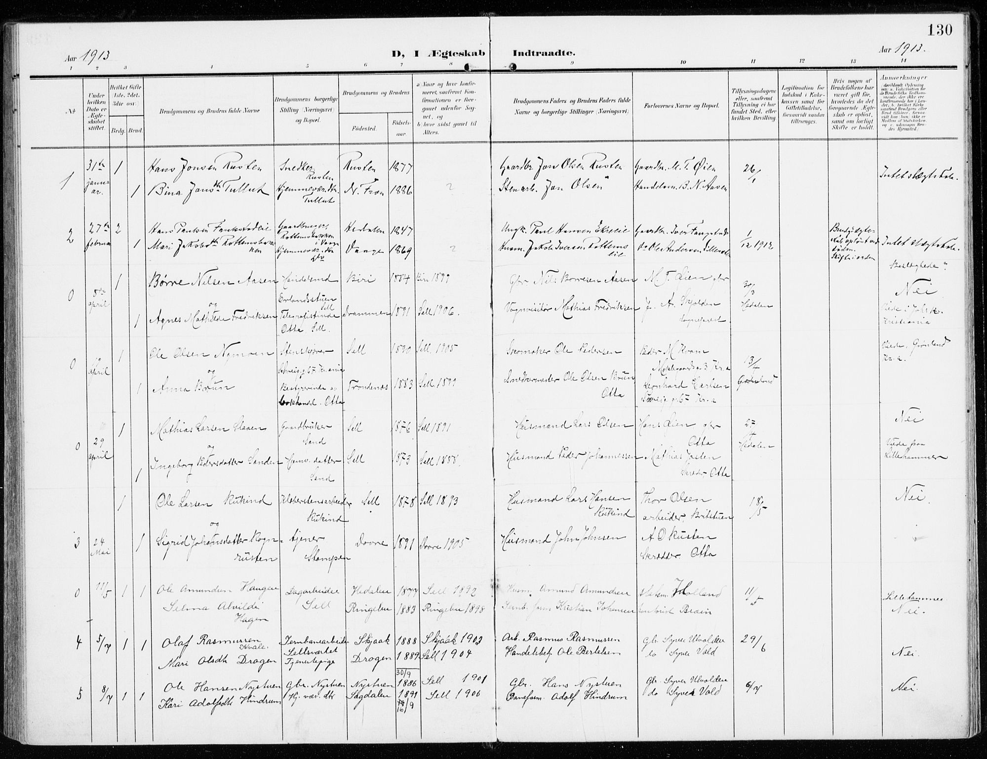 Sel prestekontor, AV/SAH-PREST-074/H/Ha/Haa/L0002: Parish register (official) no. 2, 1905-1919, p. 130