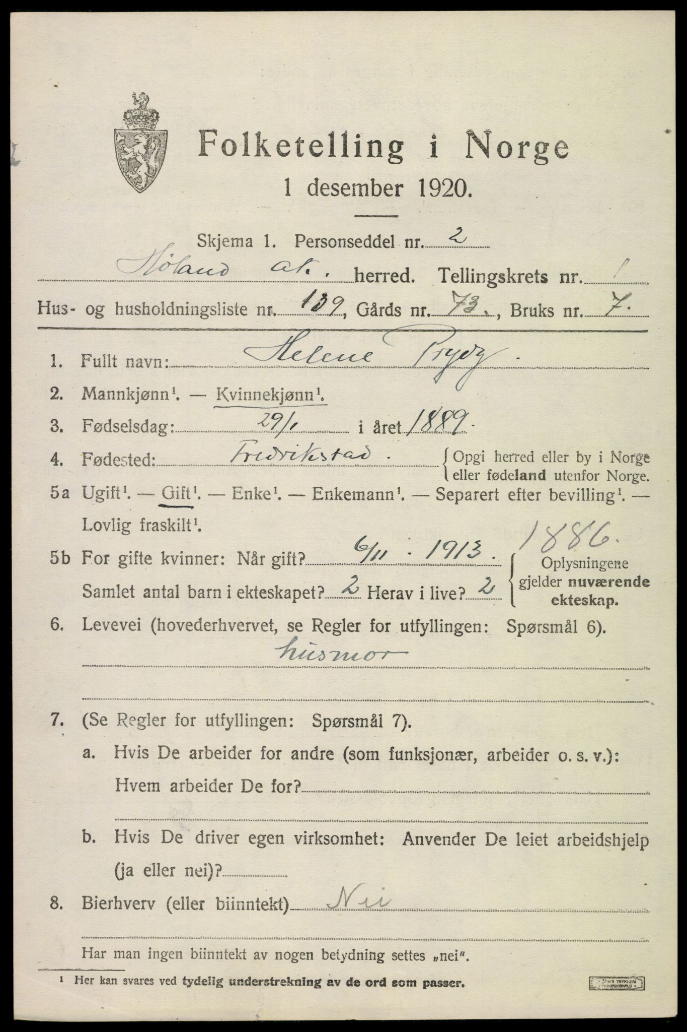 SAO, 1920 census for Høland, 1920, p. 3695