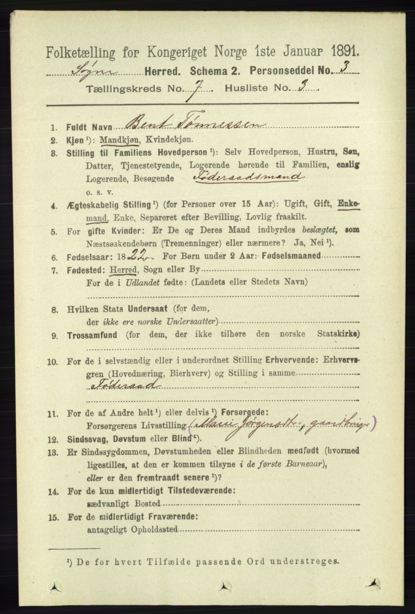RA, 1891 census for 1018 Søgne, 1891, p. 1553