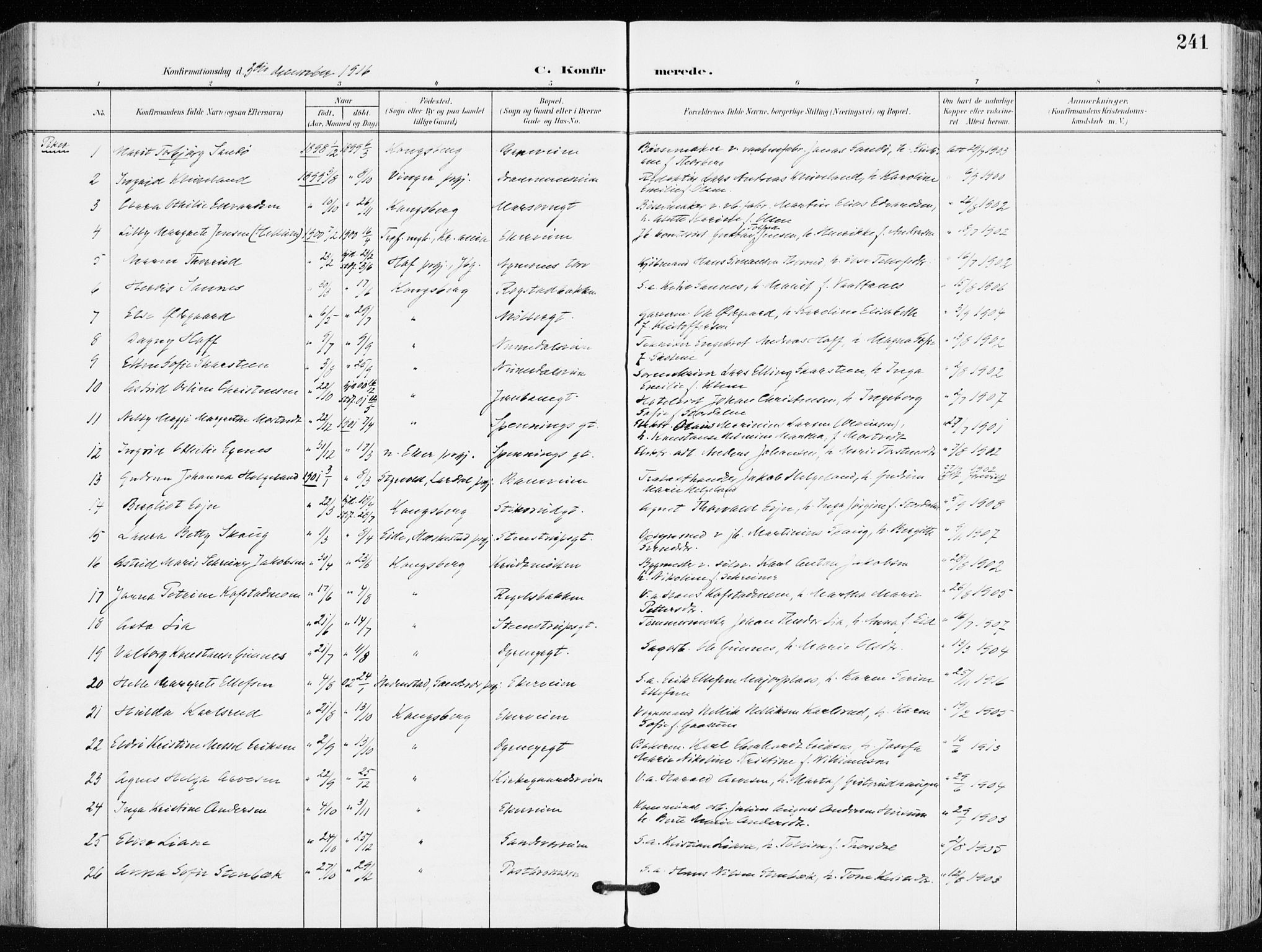 Kongsberg kirkebøker, AV/SAKO-A-22/F/Fb/L0004: Parish register (official) no. II 4, 1906-1918, p. 241