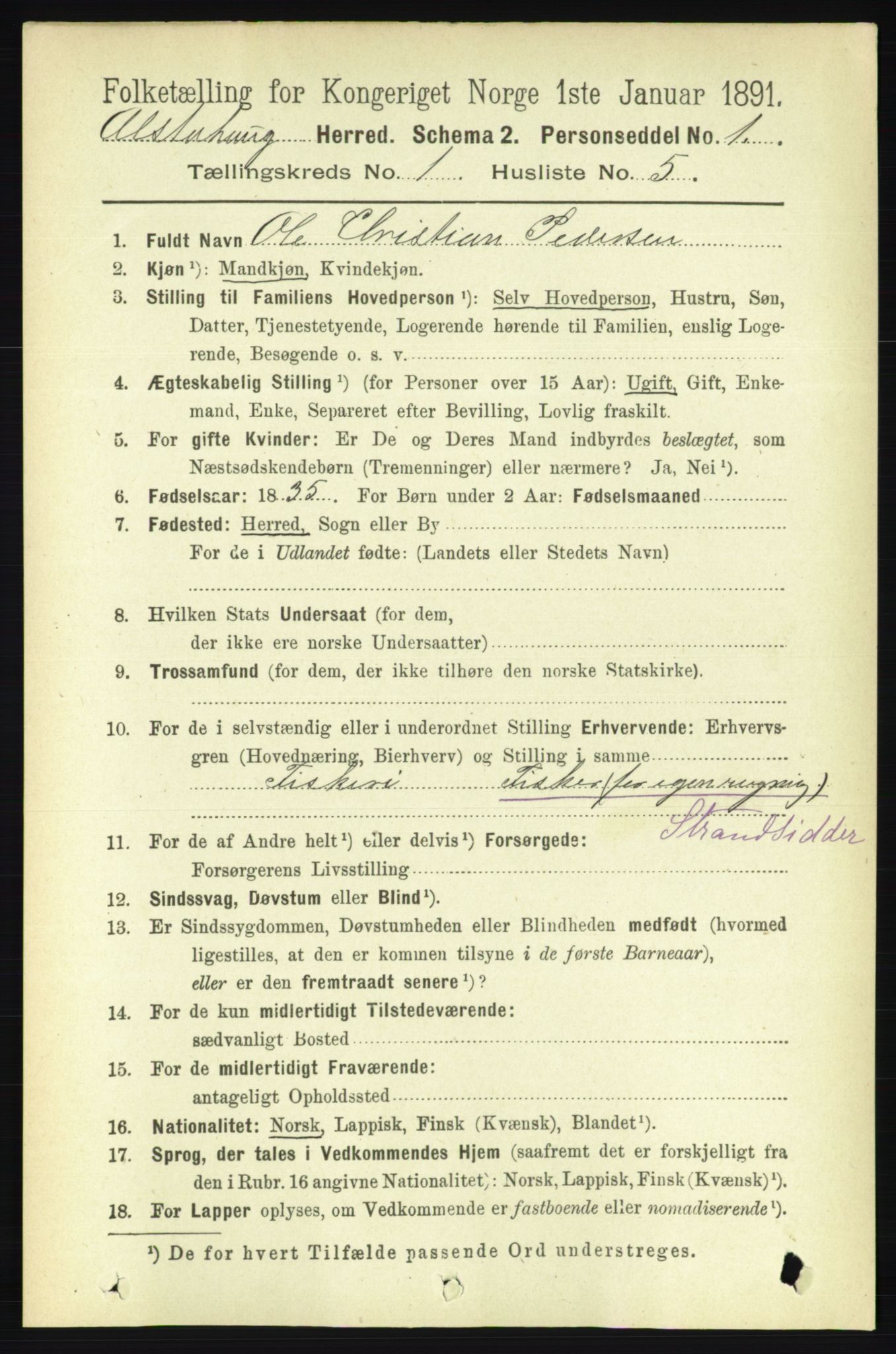 RA, 1891 census for 1820 Alstahaug, 1891, p. 113