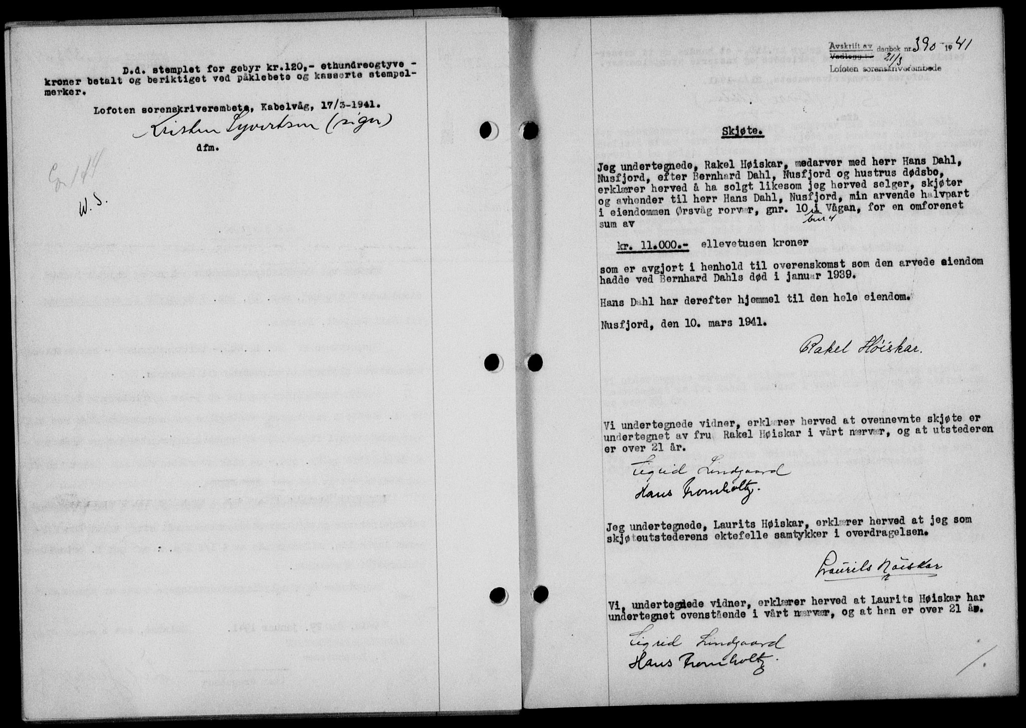Lofoten sorenskriveri, SAT/A-0017/1/2/2C/L0008a: Mortgage book no. 8a, 1940-1941, Diary no: : 390/1941