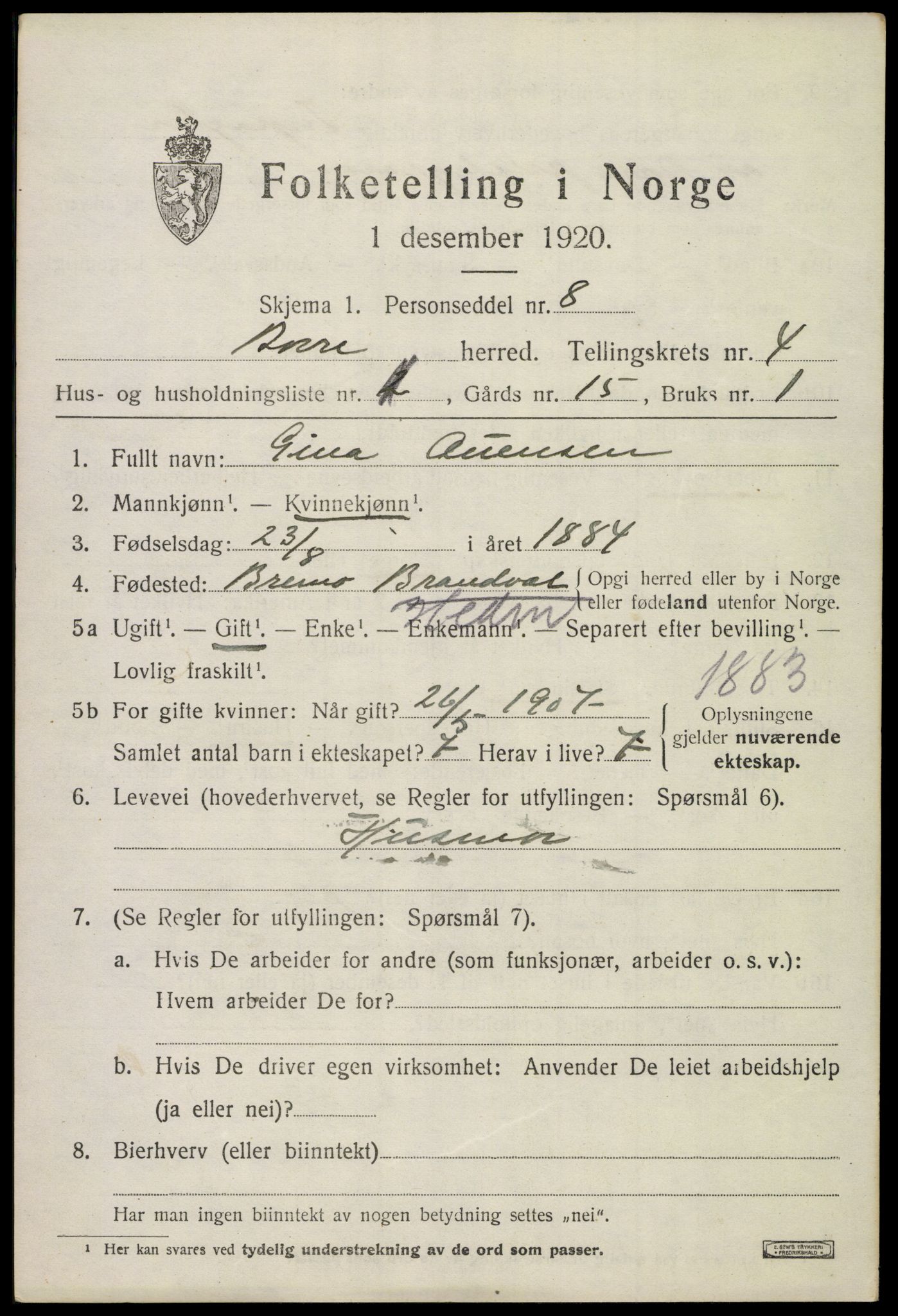 SAKO, 1920 census for Borre, 1920, p. 7148
