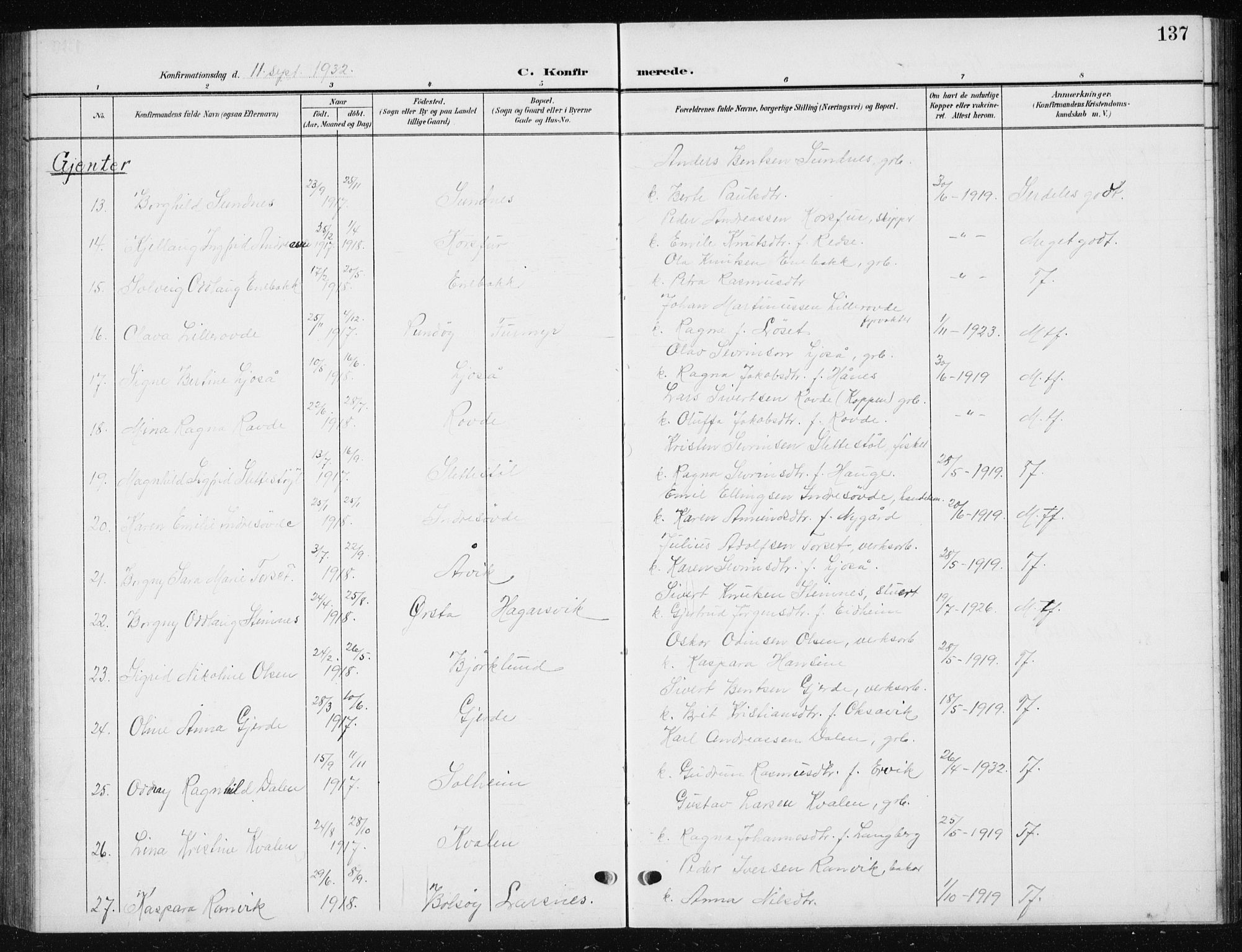 Ministerialprotokoller, klokkerbøker og fødselsregistre - Møre og Romsdal, AV/SAT-A-1454/504/L0061: Parish register (copy) no. 504C03, 1902-1940, p. 137