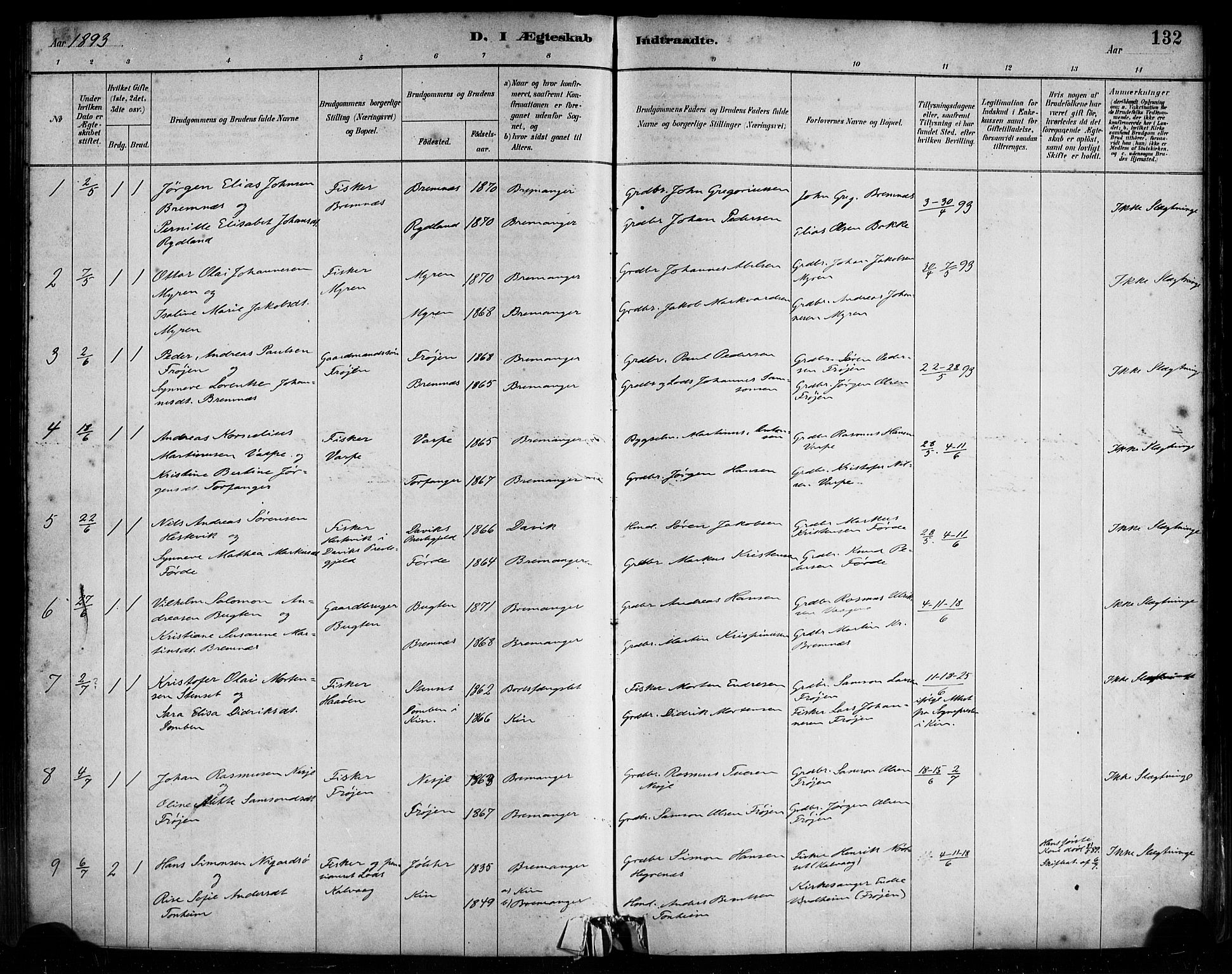 Bremanger sokneprestembete, SAB/A-82201/H/Haa/Haab/L0001: Parish register (official) no. B 1, 1884-1895, p. 132