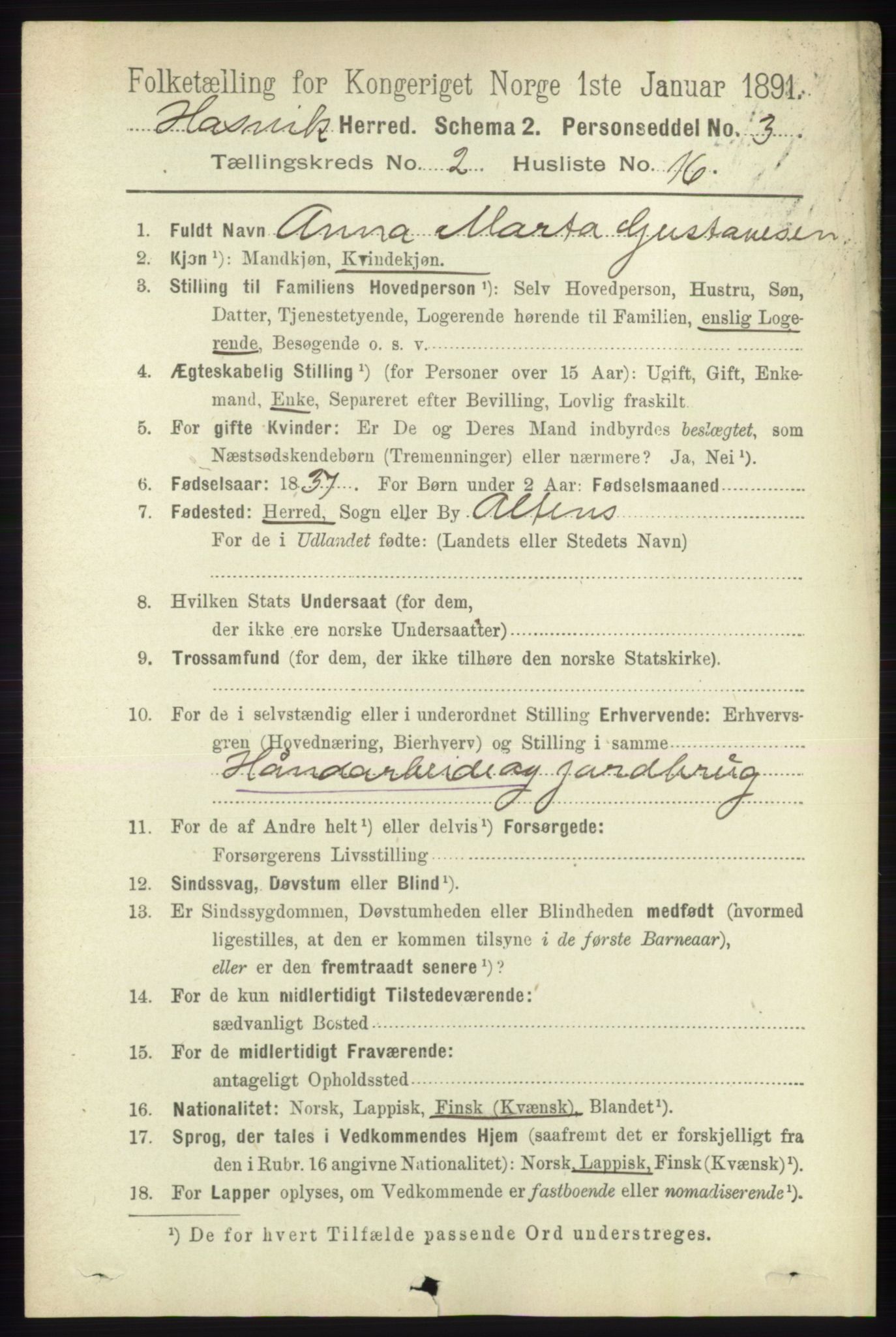 RA, 1891 census for 2015 Hasvik, 1891, p. 382