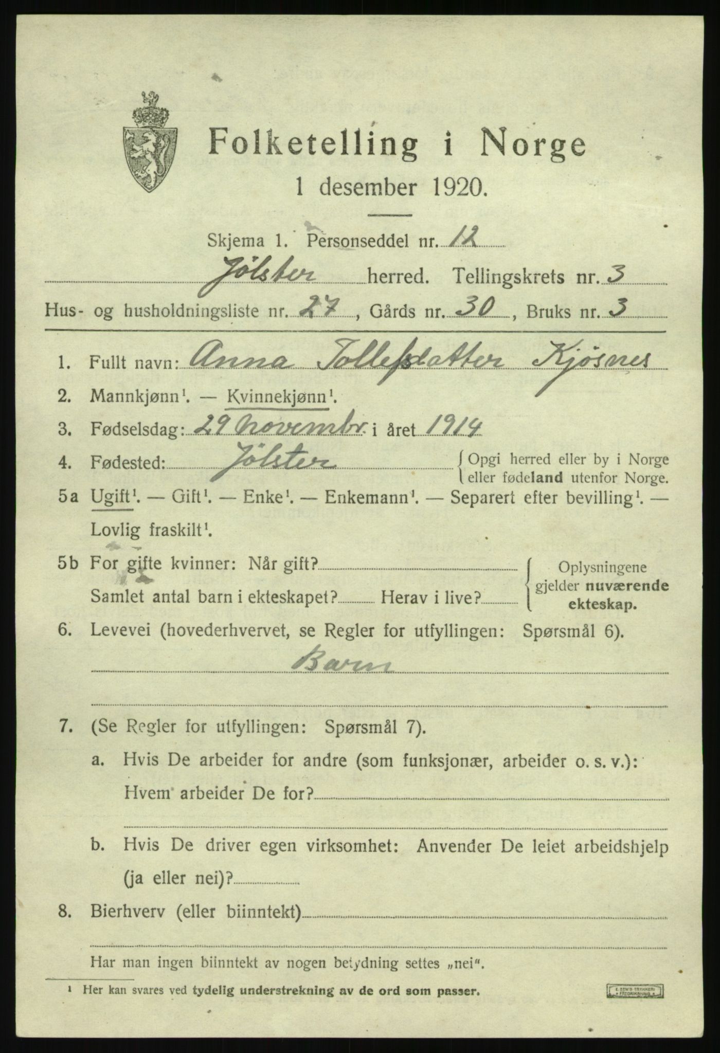 SAB, 1920 census for Jølster, 1920, p. 2366