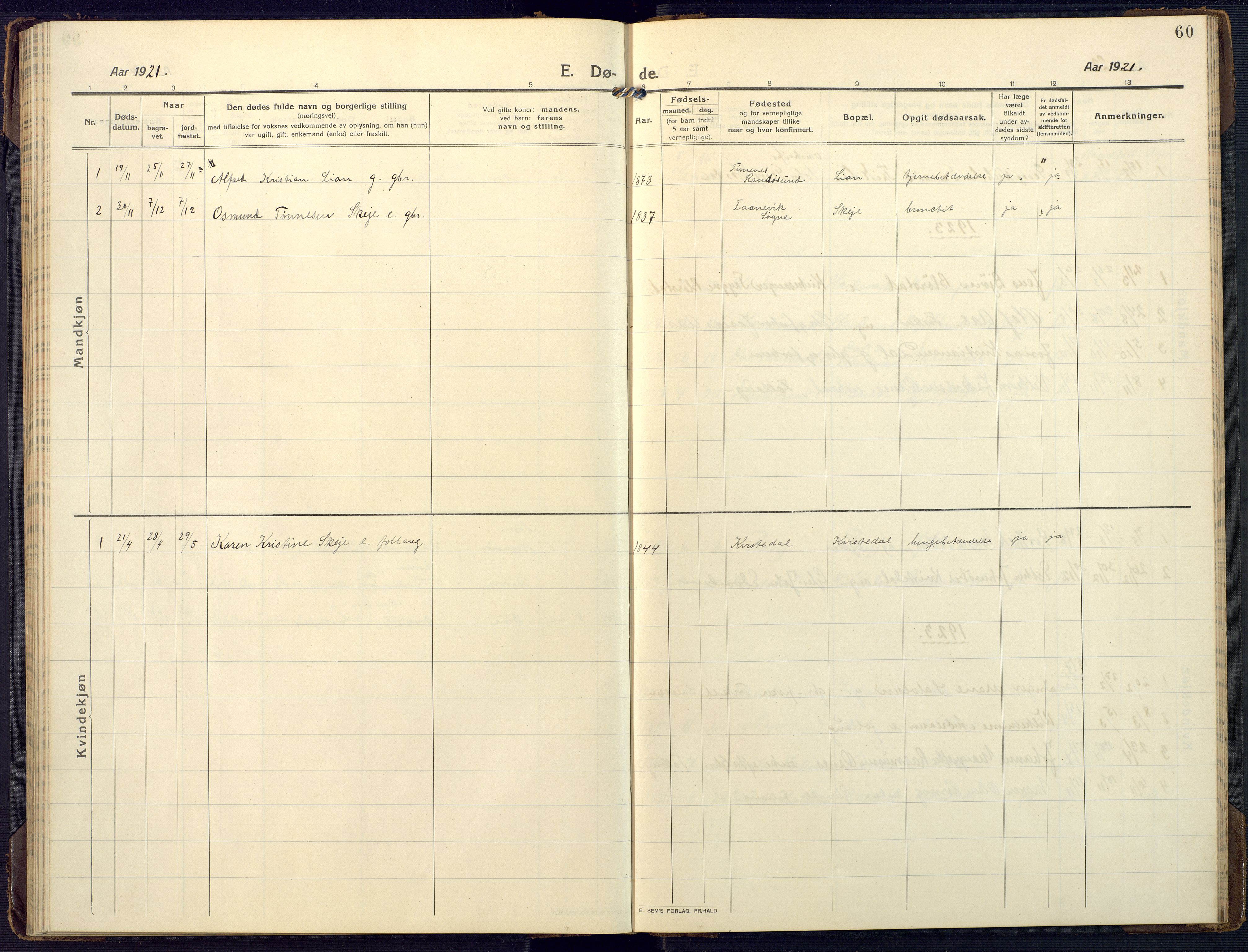 Mandal sokneprestkontor, SAK/1111-0030/F/Fa/Fab/L0003: Parish register (official) no. A 3, 1913-1933, p. 60