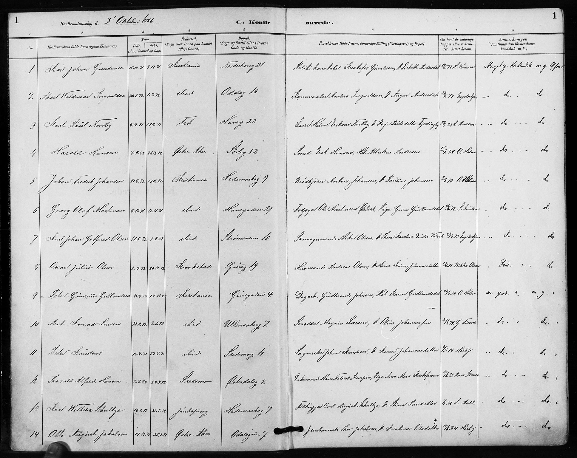 Kampen prestekontor Kirkebøker, SAO/A-10853/F/Fa/L0004: Parish register (official) no. I 4, 1885-1892, p. 1