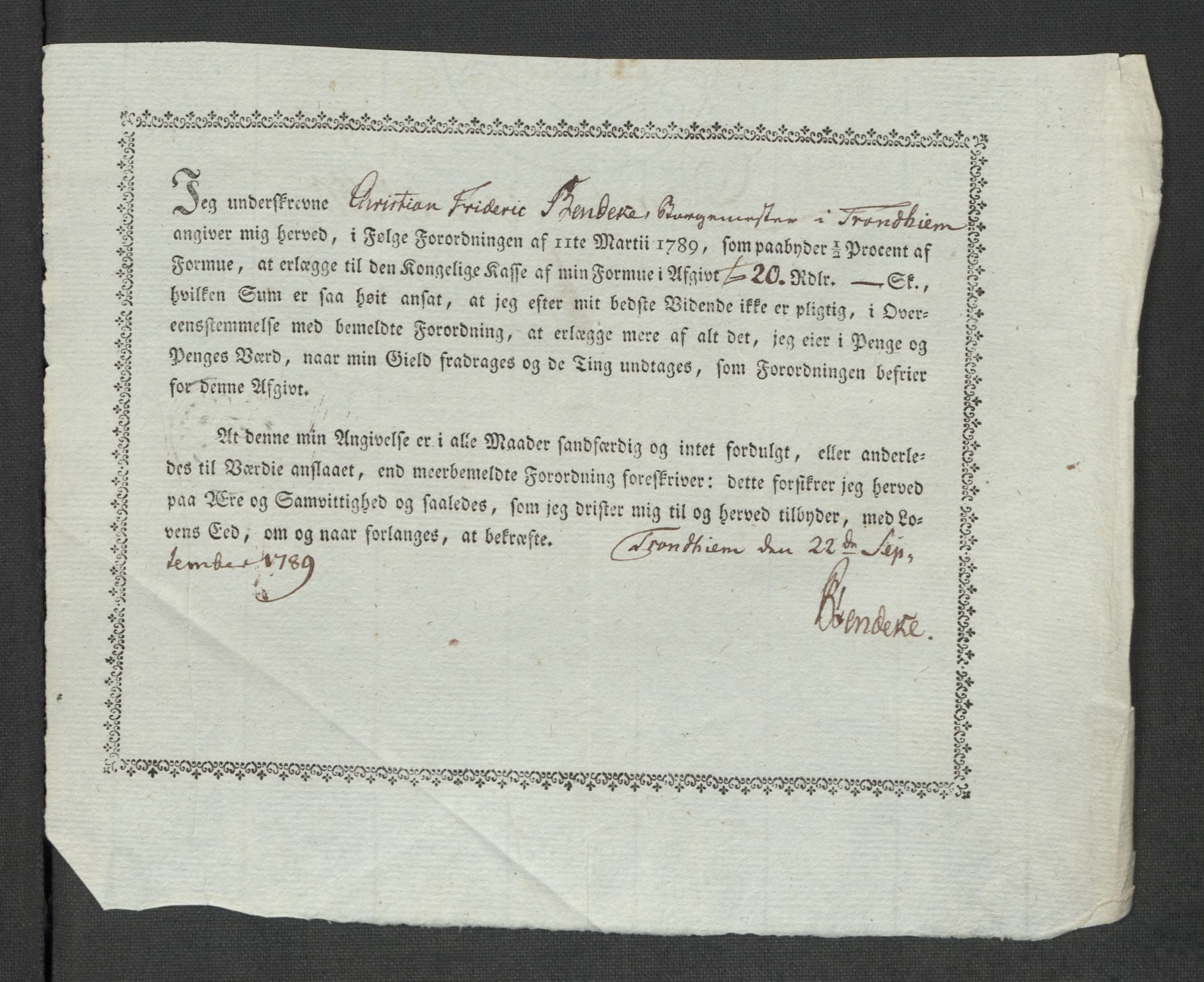 Rentekammeret inntil 1814, Reviderte regnskaper, Mindre regnskaper, AV/RA-EA-4068/Rf/Rfe/L0052:  Trondheim, 1789, p. 245