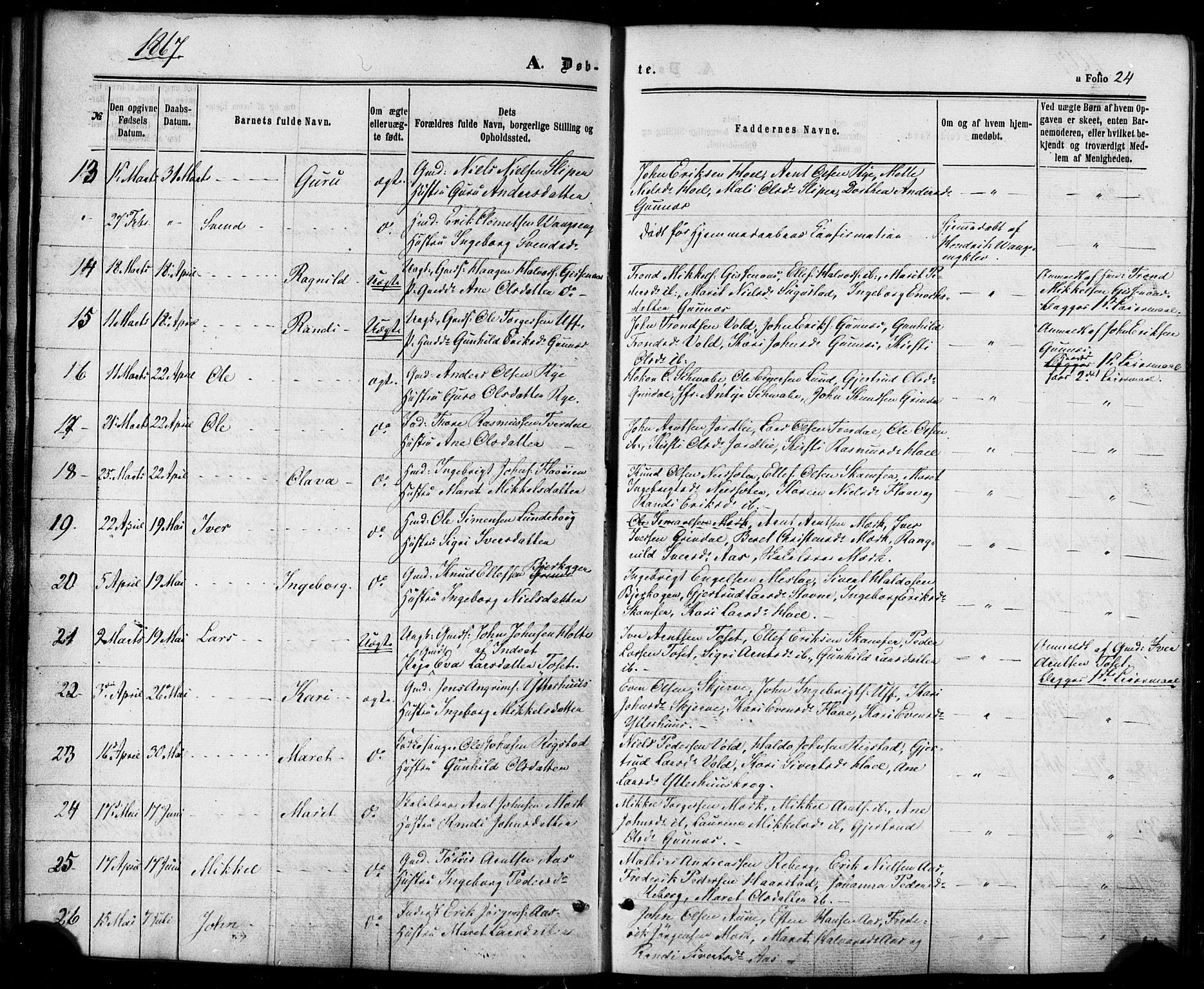 Ministerialprotokoller, klokkerbøker og fødselsregistre - Sør-Trøndelag, SAT/A-1456/674/L0870: Parish register (official) no. 674A02, 1861-1879, p. 24