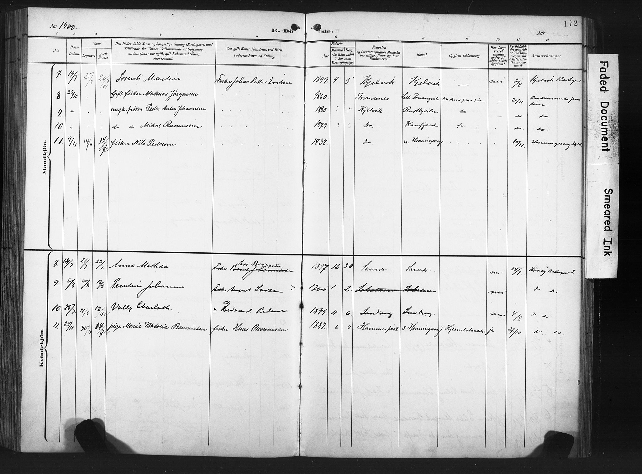 Måsøy sokneprestkontor, AV/SATØ-S-1348/H/Ha/L0008kirke: Parish register (official) no. 8, 1900-1910, p. 172