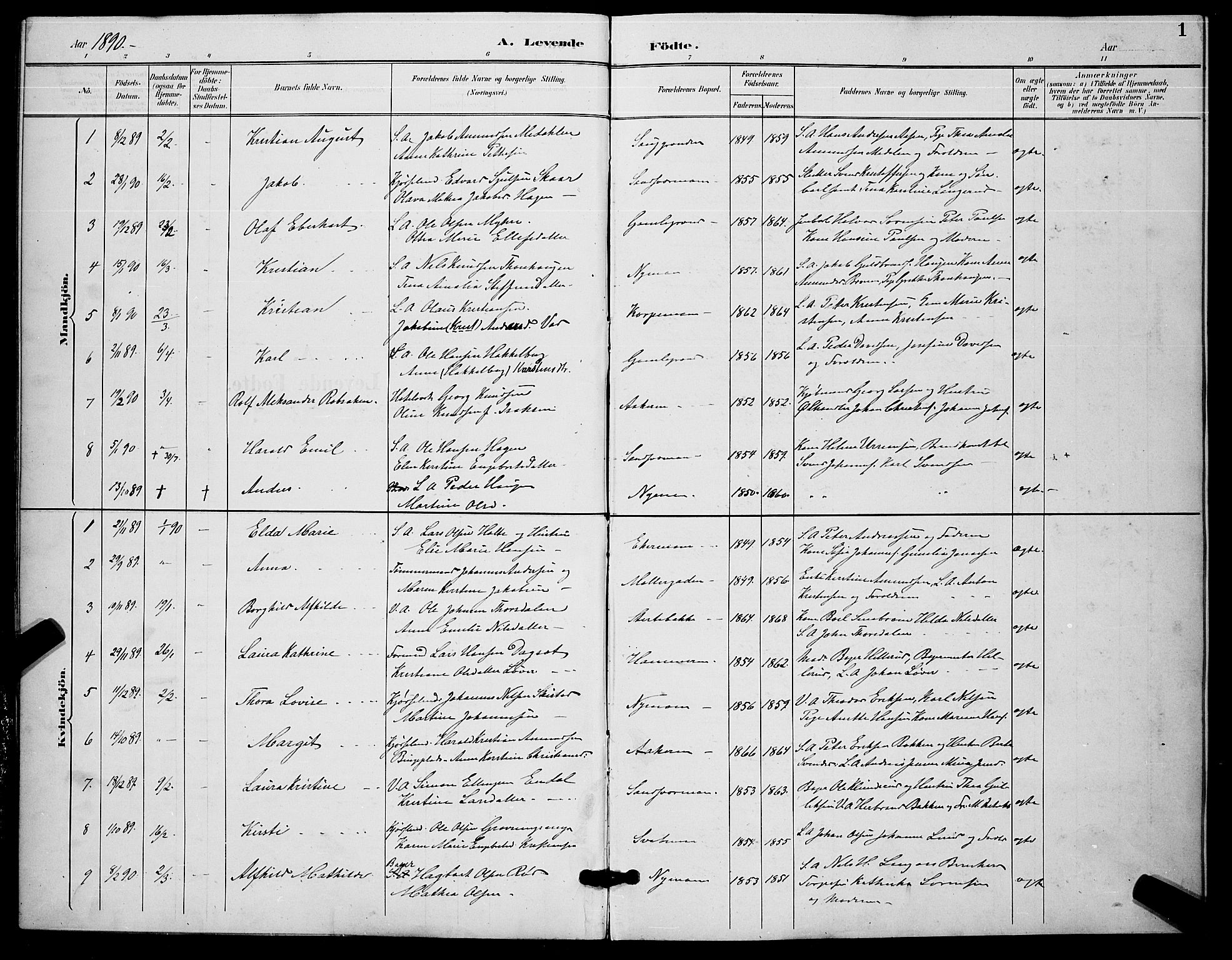 Kongsberg kirkebøker, AV/SAKO-A-22/G/Ga/L0006: Parish register (copy) no. 6, 1890-1901, p. 1