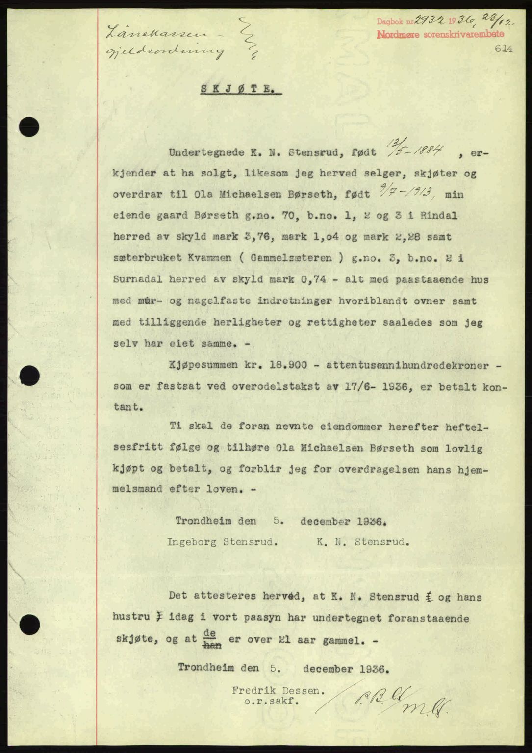 Nordmøre sorenskriveri, AV/SAT-A-4132/1/2/2Ca: Mortgage book no. A80, 1936-1937, Diary no: : 2932/1936