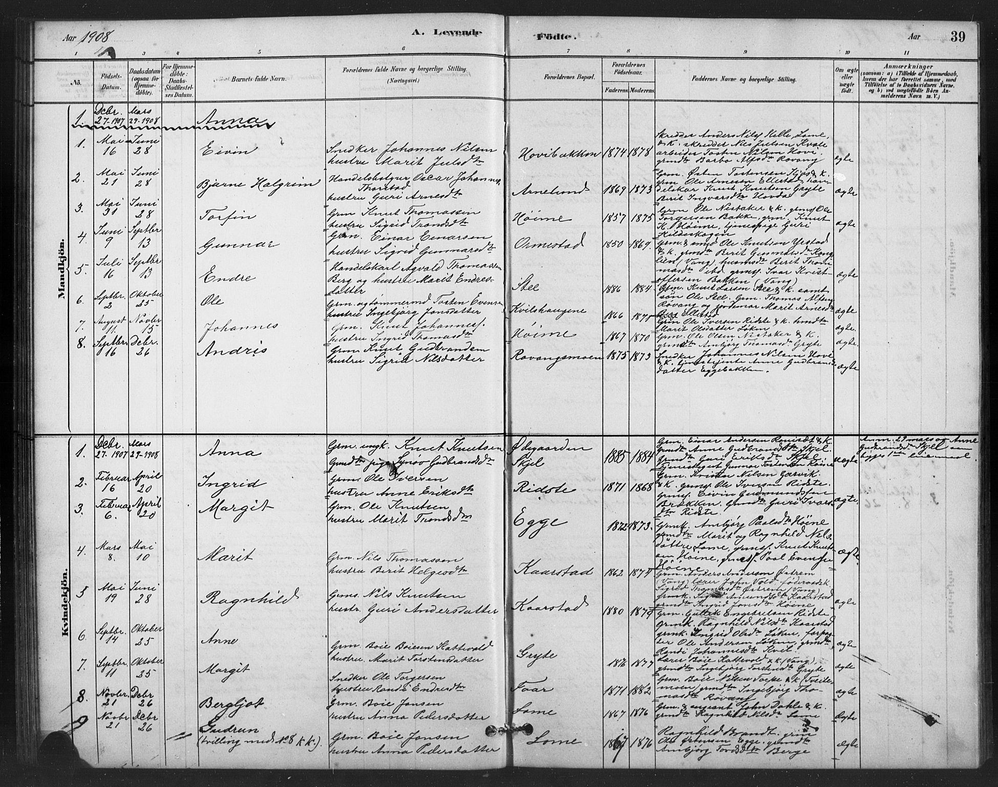 Vestre Slidre prestekontor, SAH/PREST-136/H/Ha/Hab/L0006: Parish register (copy) no. 6, 1881-1915, p. 39
