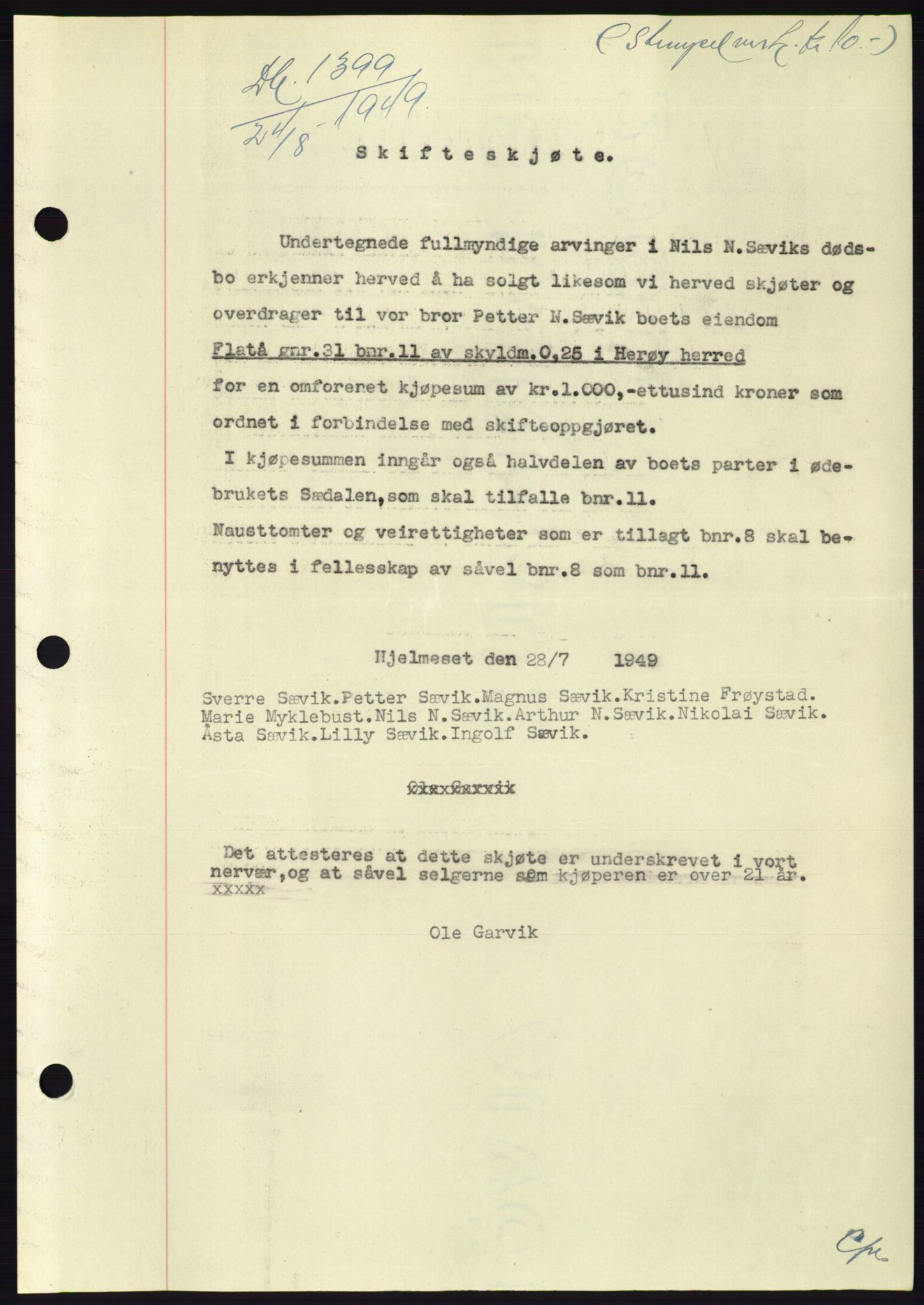 Søre Sunnmøre sorenskriveri, AV/SAT-A-4122/1/2/2C/L0085: Mortgage book no. 11A, 1949-1949, Diary no: : 1399/1949