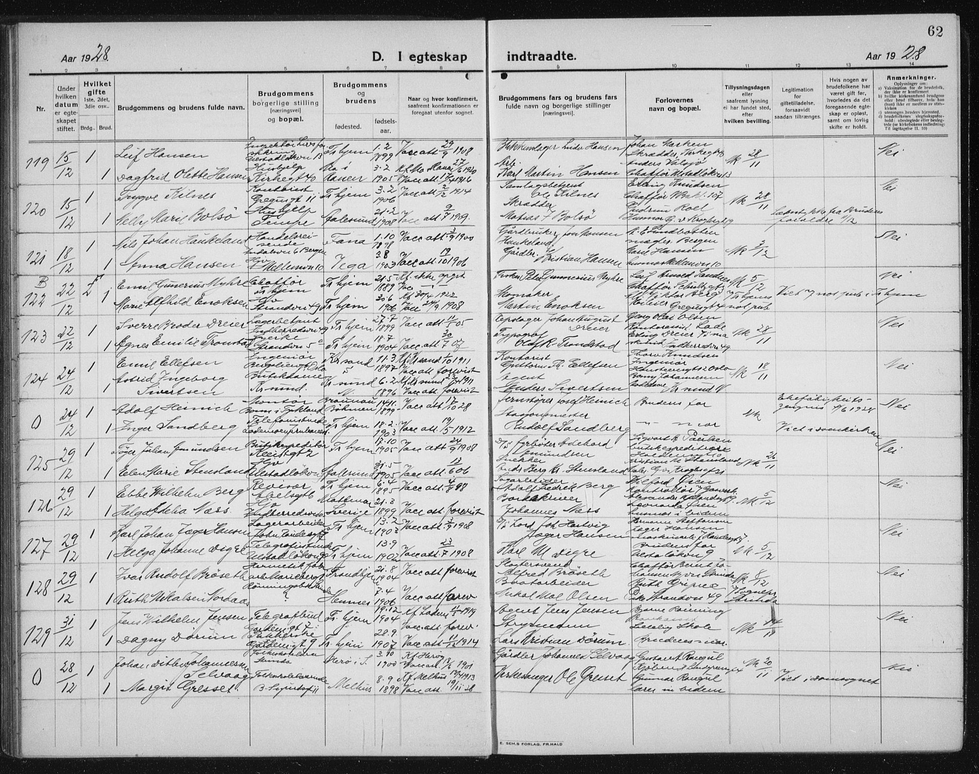 Ministerialprotokoller, klokkerbøker og fødselsregistre - Sør-Trøndelag, SAT/A-1456/605/L0260: Parish register (copy) no. 605C07, 1922-1942, p. 62