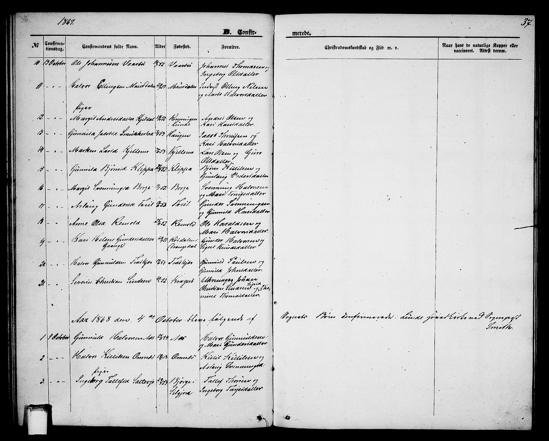 Lunde kirkebøker, SAKO/A-282/G/Gb/L0001: Parish register (copy) no. II 1, 1866-1887, p. 37