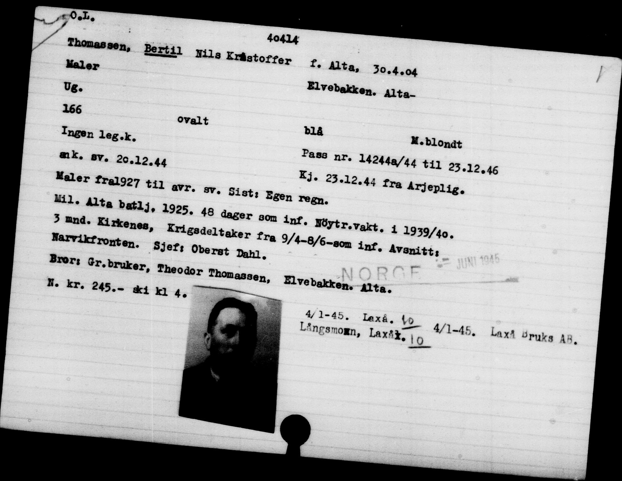 Utenriksstasjonene, Legasjonen i Stockholm, Flyktningkontoret, AV/RA-S-6753/V/Va/L0015: Kjesäterkartoteket, flyktninger med registreringsnr. 37800-40770, 1940-1945, p. 2715