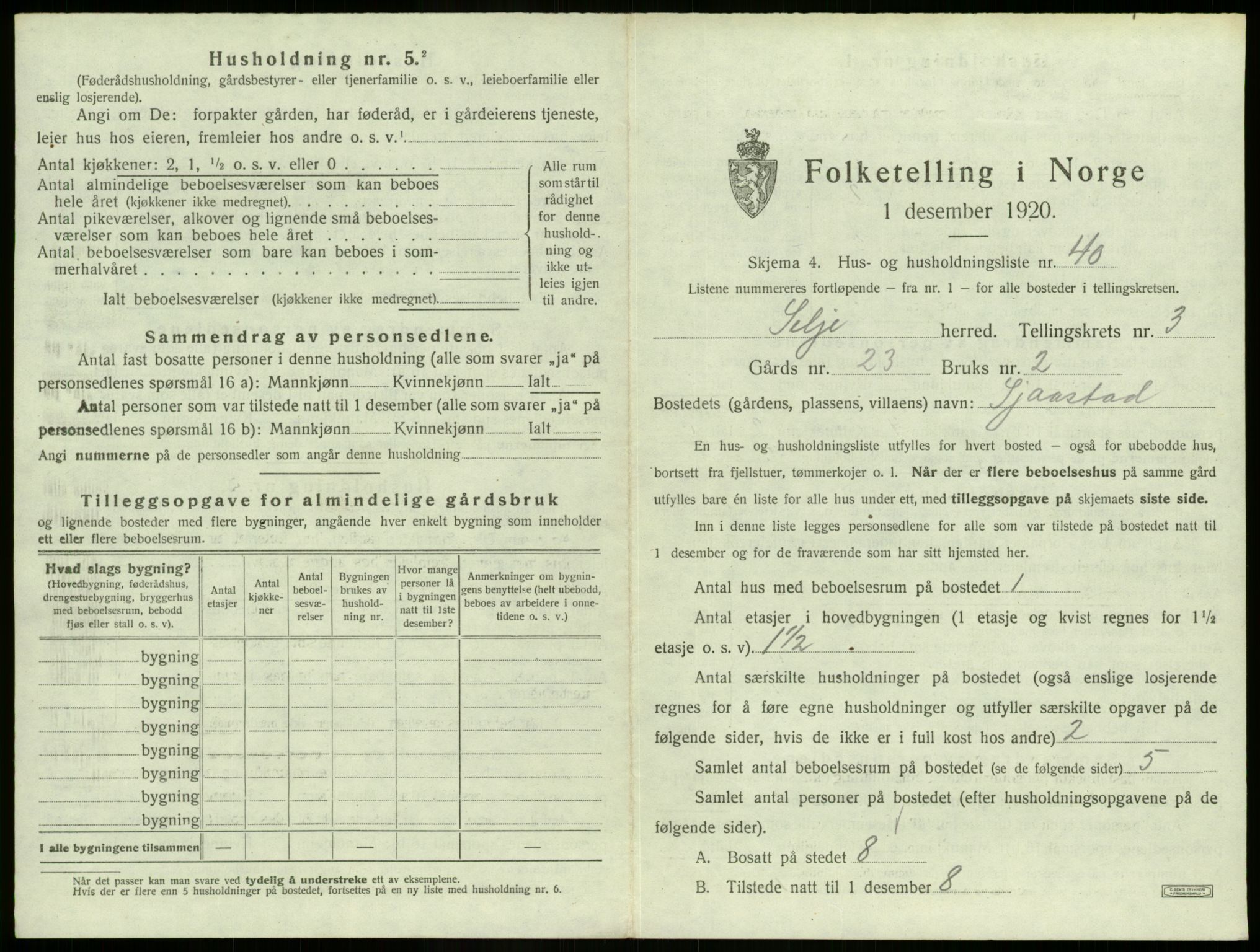 SAB, 1920 census for Selje, 1920, p. 279