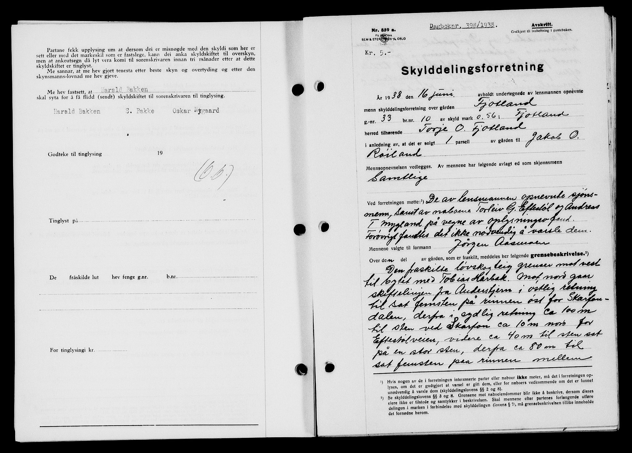 Flekkefjord sorenskriveri, SAK/1221-0001/G/Gb/Gba/L0054: Mortgage book no. A-2, 1937-1938, Diary no: : 398/1938