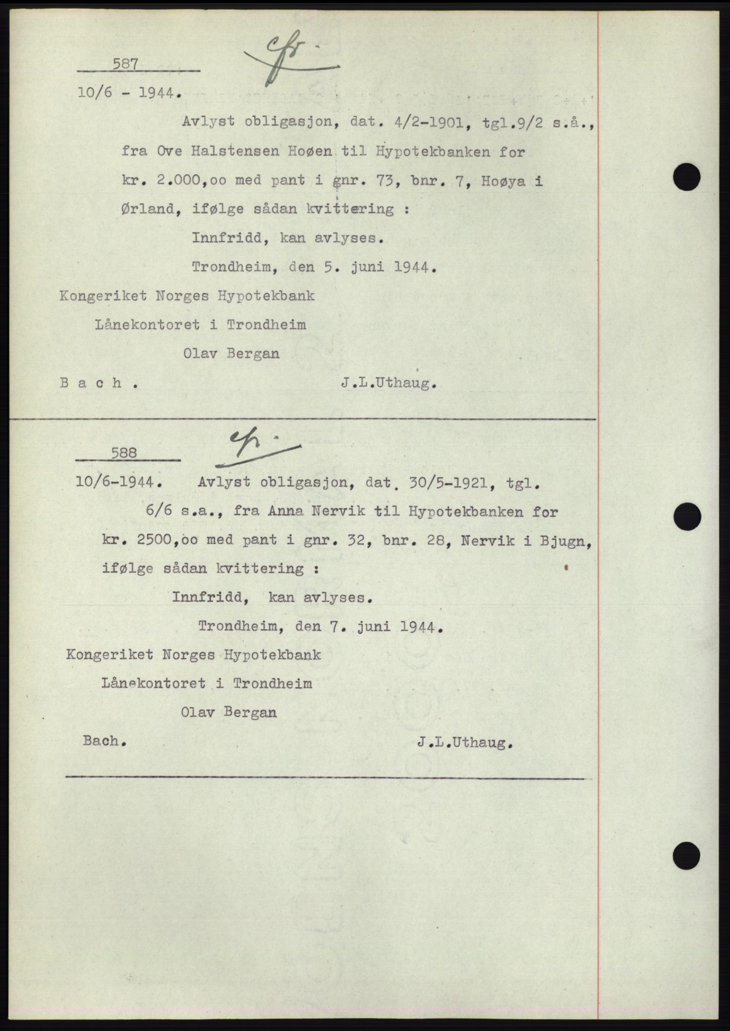 Fosen sorenskriveri, AV/SAT-A-1107/1/2/2C: Mortgage book no. B1, 1943-1946, Diary no: : 587/1944