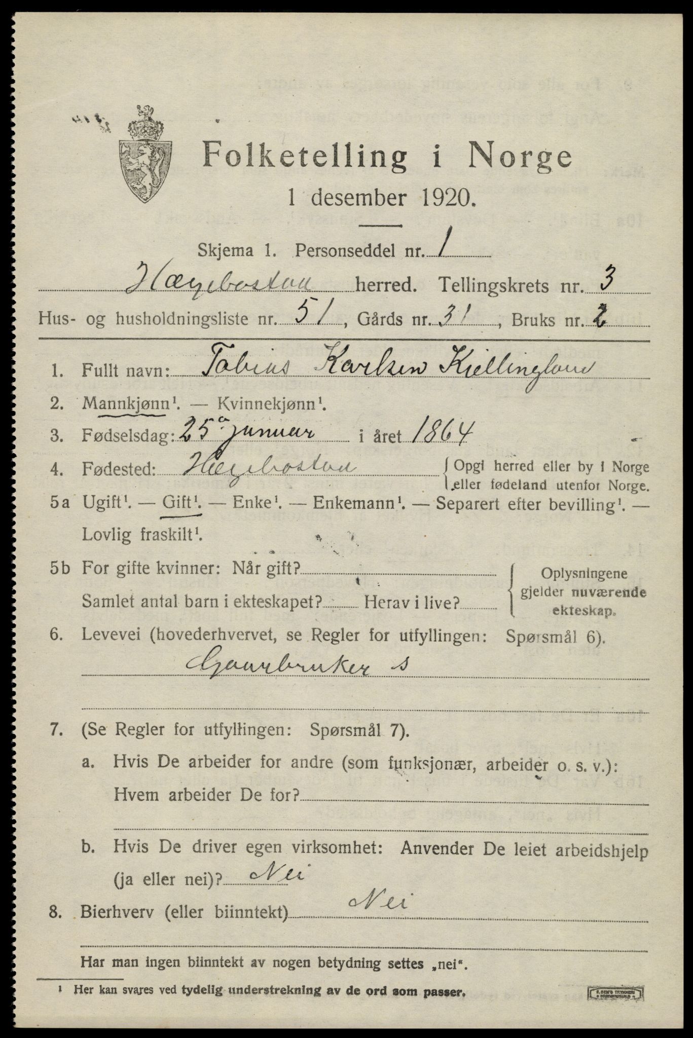 SAK, 1920 census for Hægebostad, 1920, p. 1549