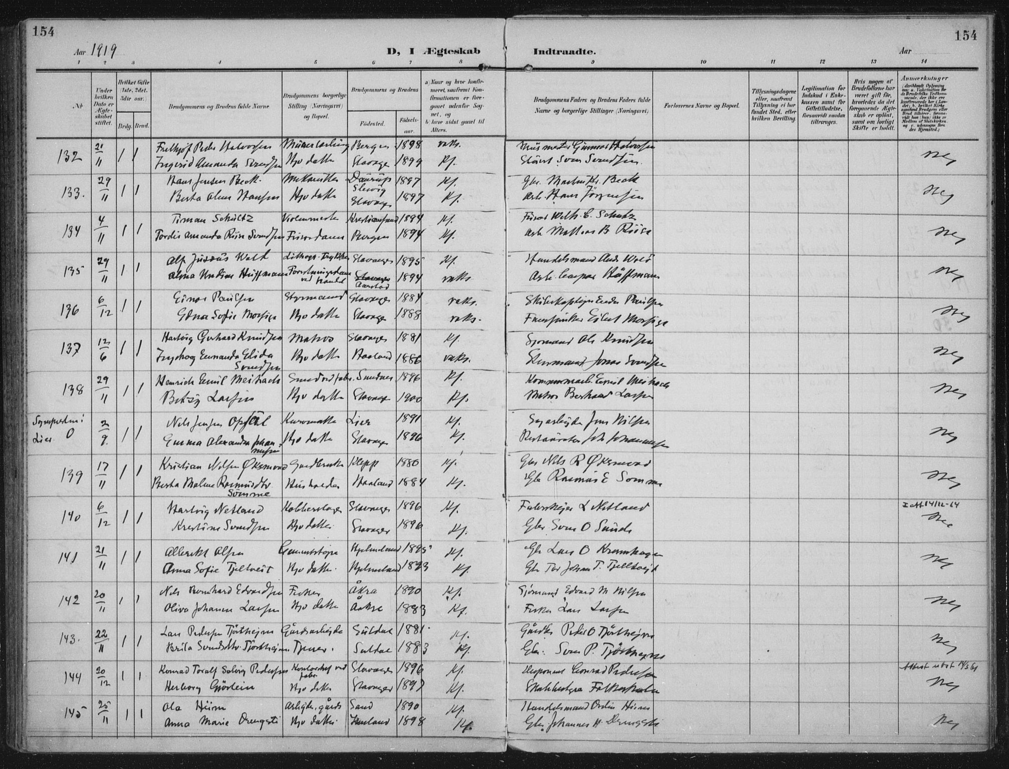 Domkirken sokneprestkontor, AV/SAST-A-101812/002/A/L0016: Parish register (official) no. A 33, 1905-1922, p. 154