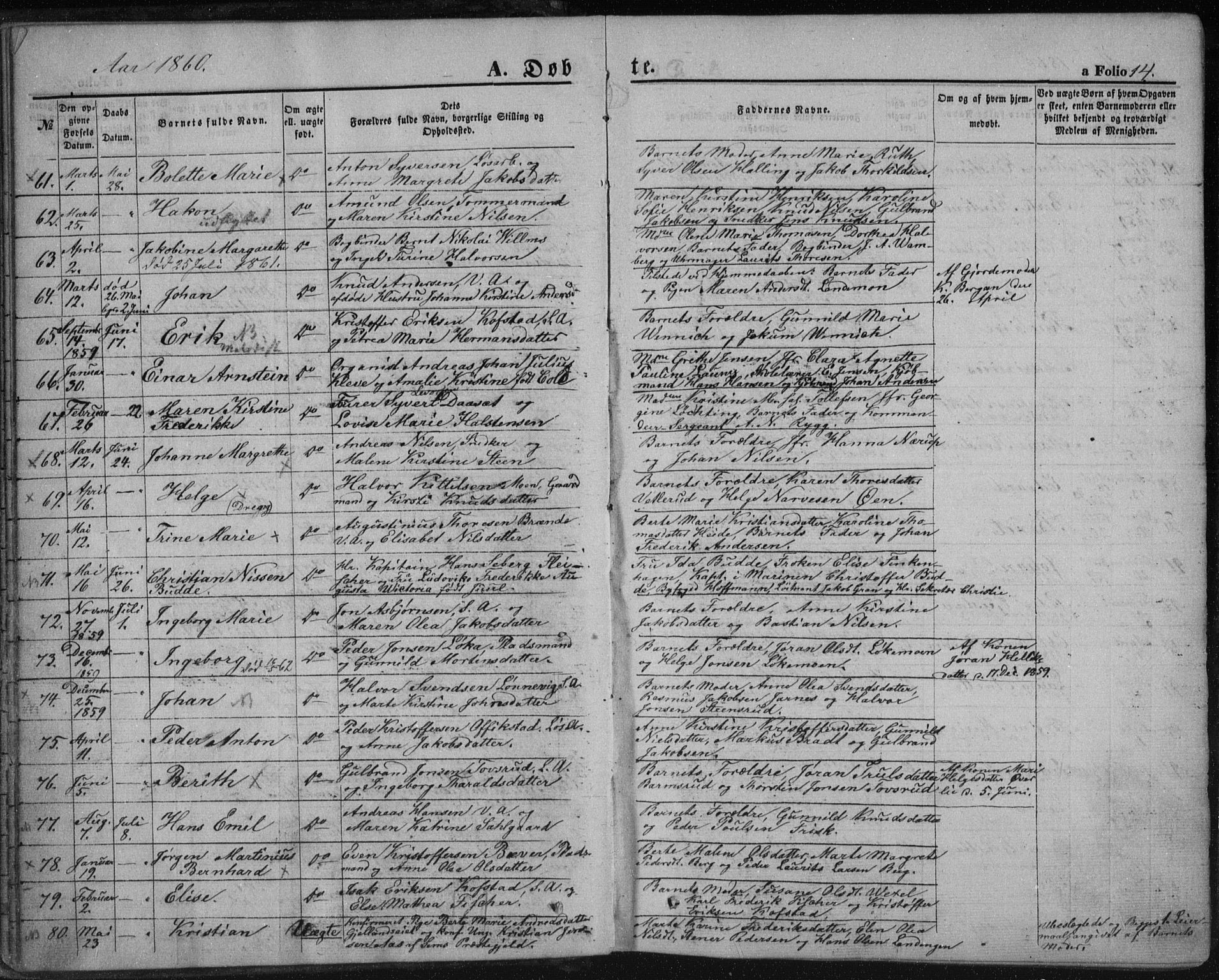 Kongsberg kirkebøker, AV/SAKO-A-22/F/Fa/L0010: Parish register (official) no. I 10, 1859-1875, p. 14