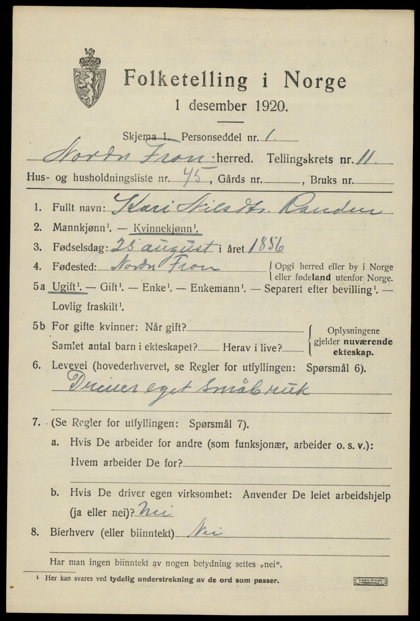 SAH, 1920 census for Nord-Fron, 1920, p. 9856