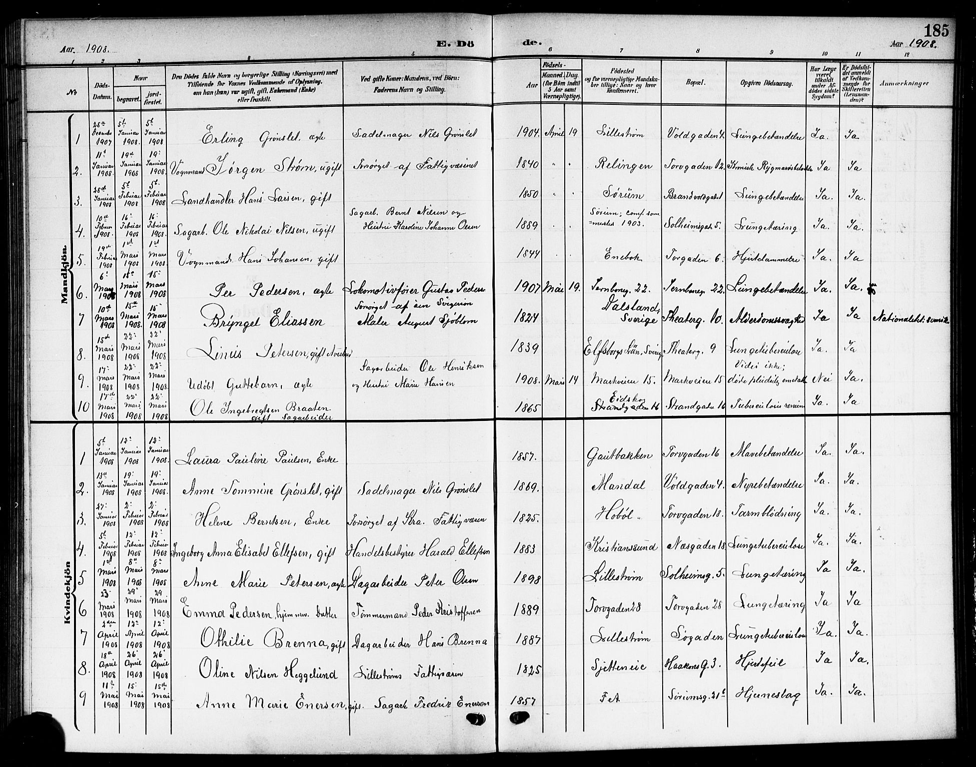 Skedsmo prestekontor Kirkebøker, SAO/A-10033a/G/Gc/L0001: Parish register (copy) no. III 1, 1908-1916, p. 185