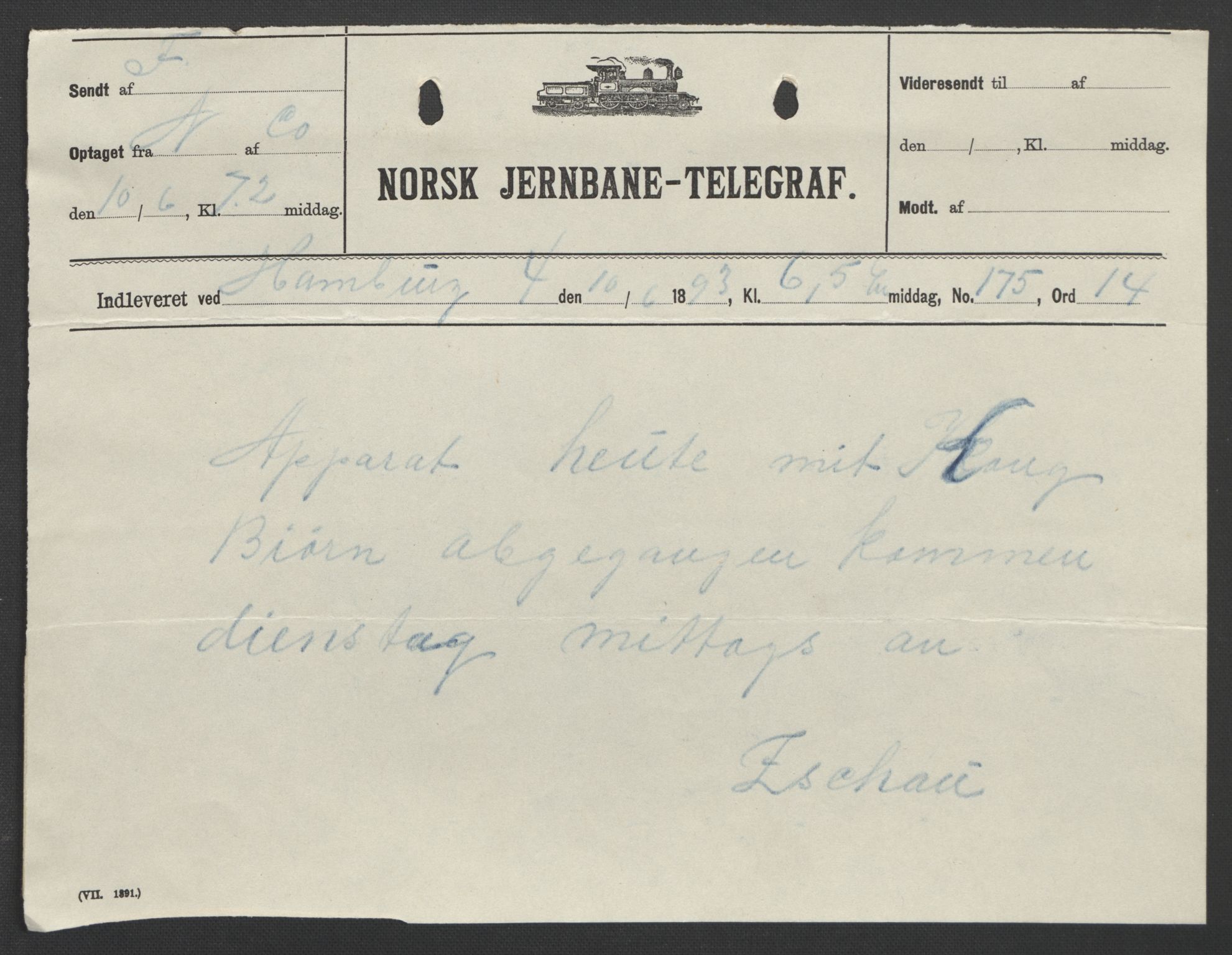 Arbeidskomitéen for Fridtjof Nansens polarekspedisjon, AV/RA-PA-0061/D/L0003/0002: Innk. brev og telegrammer vedr. proviant og utrustning / Utrustningen m.m. - korrespondanse, 1893, p. 415
