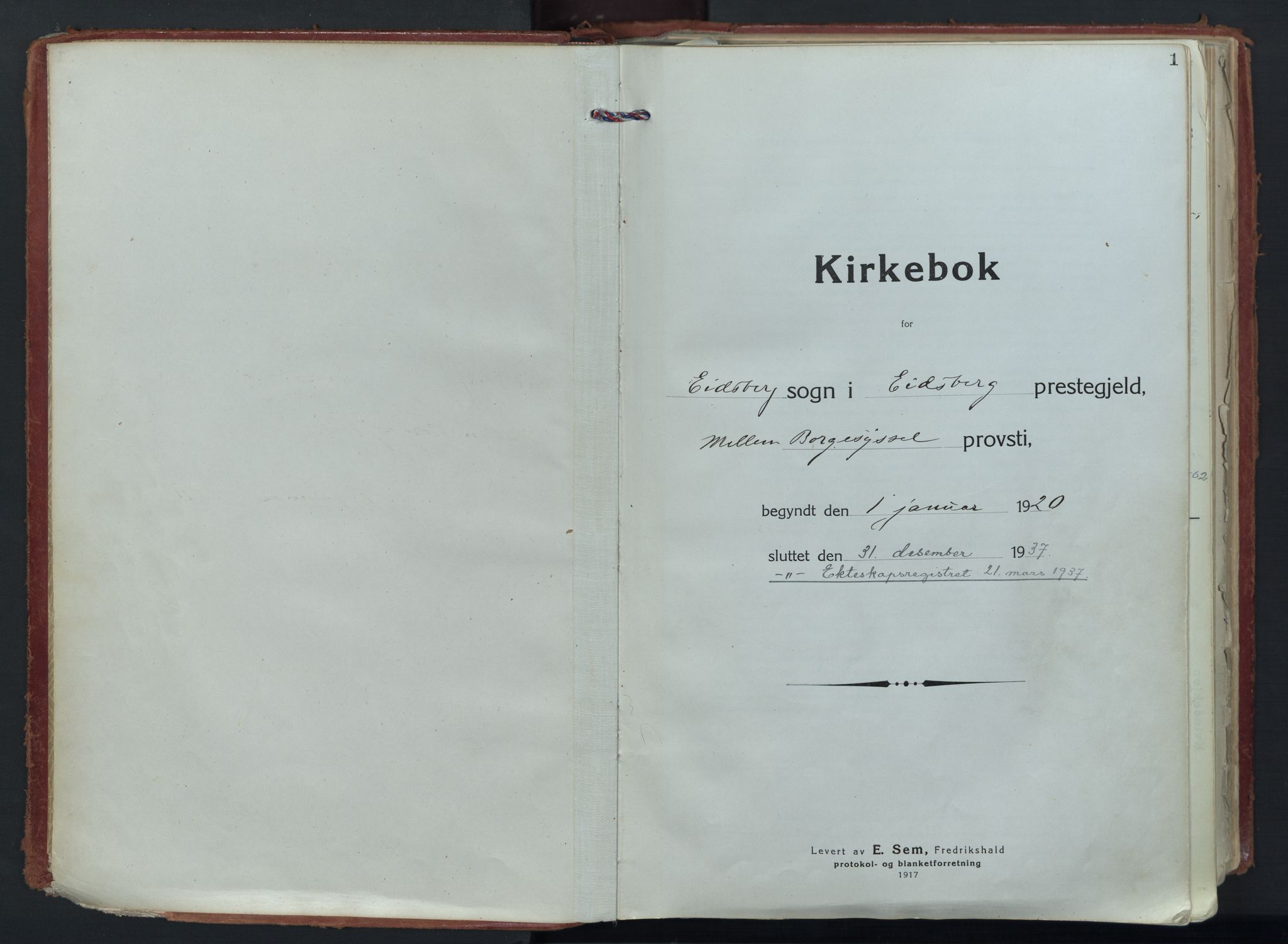 Eidsberg prestekontor Kirkebøker, SAO/A-10905/F/Fa/L0015: Parish register (official) no. I 15, 1920-1937, p. 1