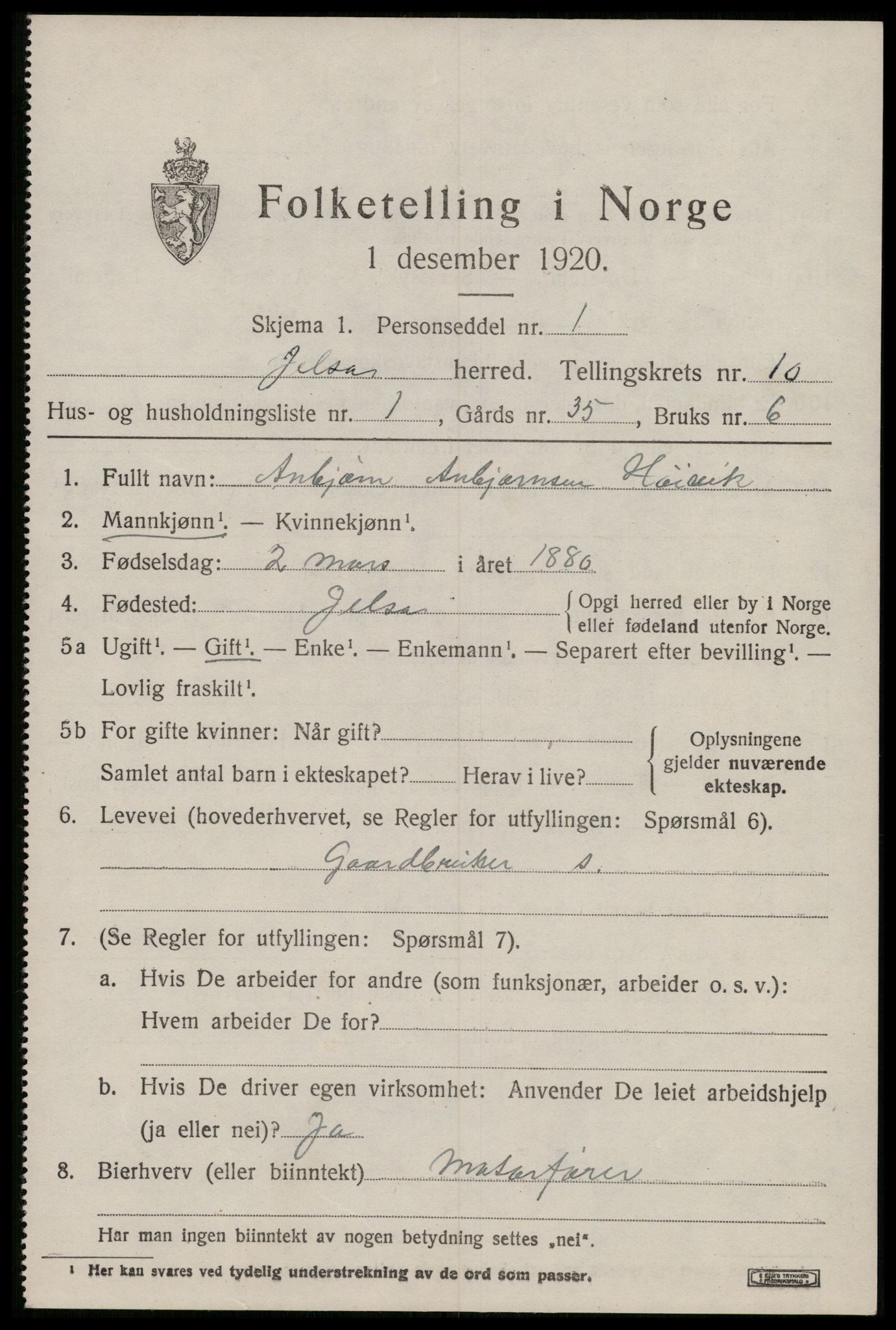 SAST, 1920 census for Jelsa, 1920, p. 2602