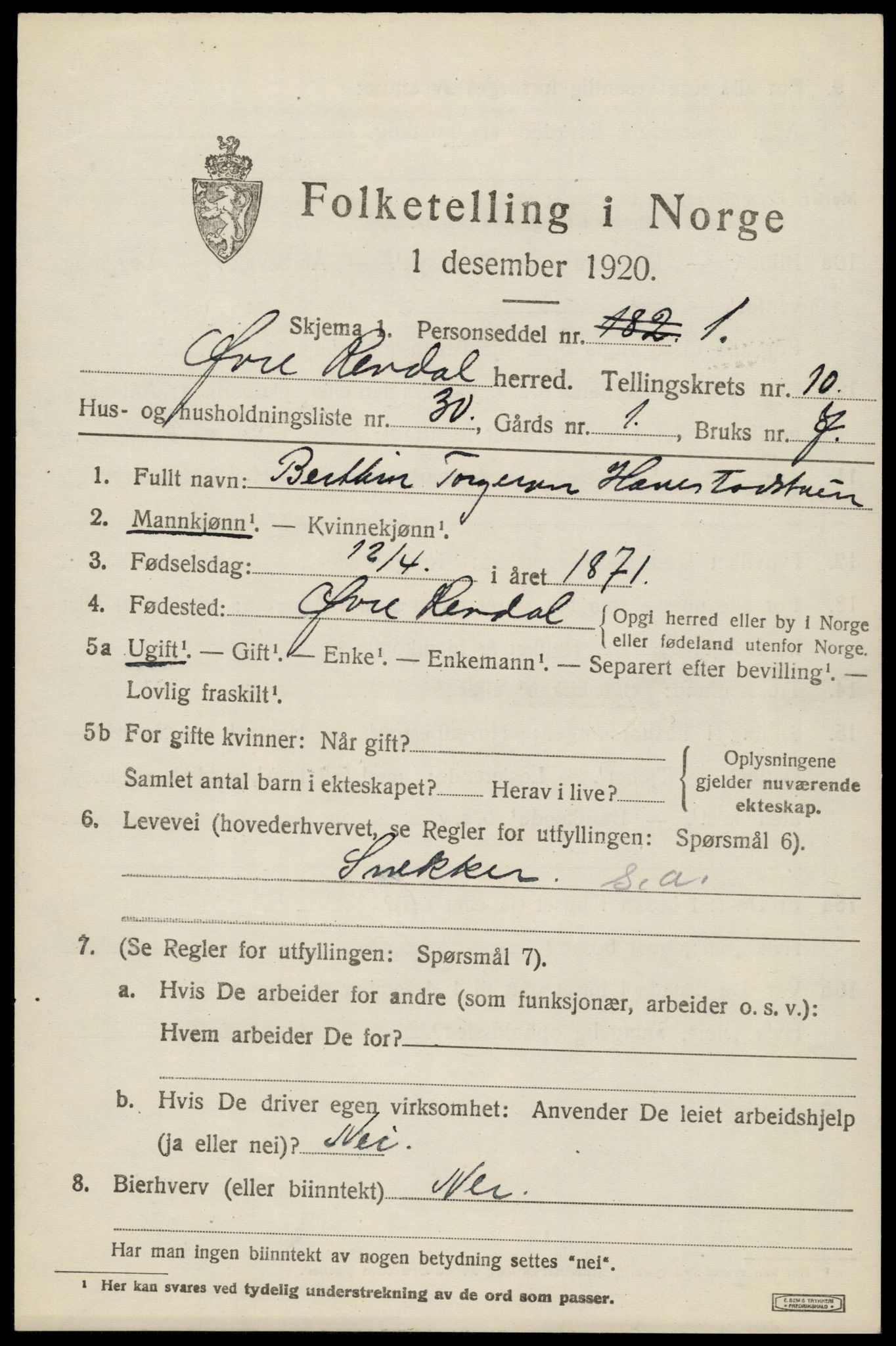 SAH, 1920 census for Øvre Rendal, 1920, p. 4267