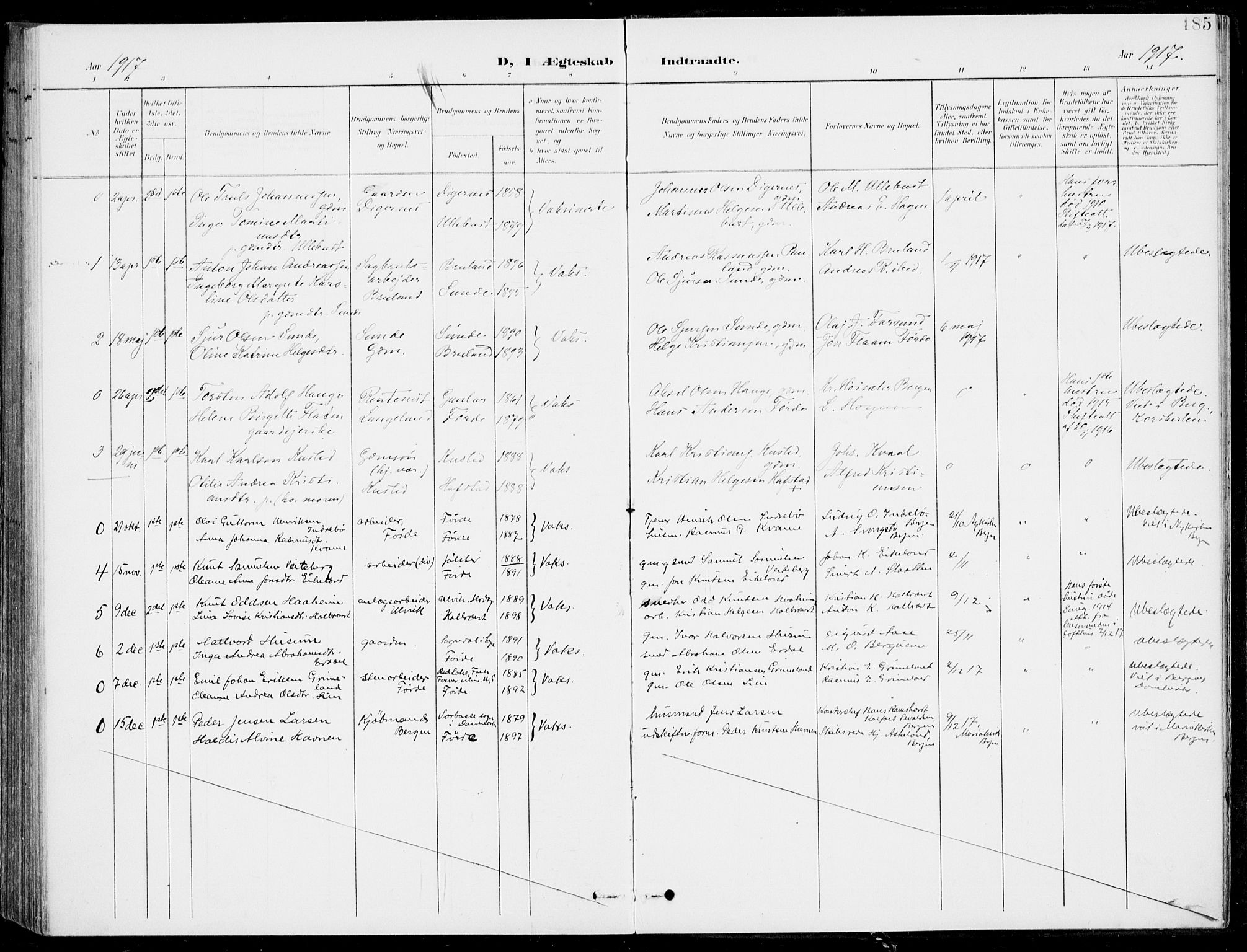 Førde sokneprestembete, SAB/A-79901/H/Haa/Haab/L0002: Parish register (official) no. B  2, 1899-1920, p. 185