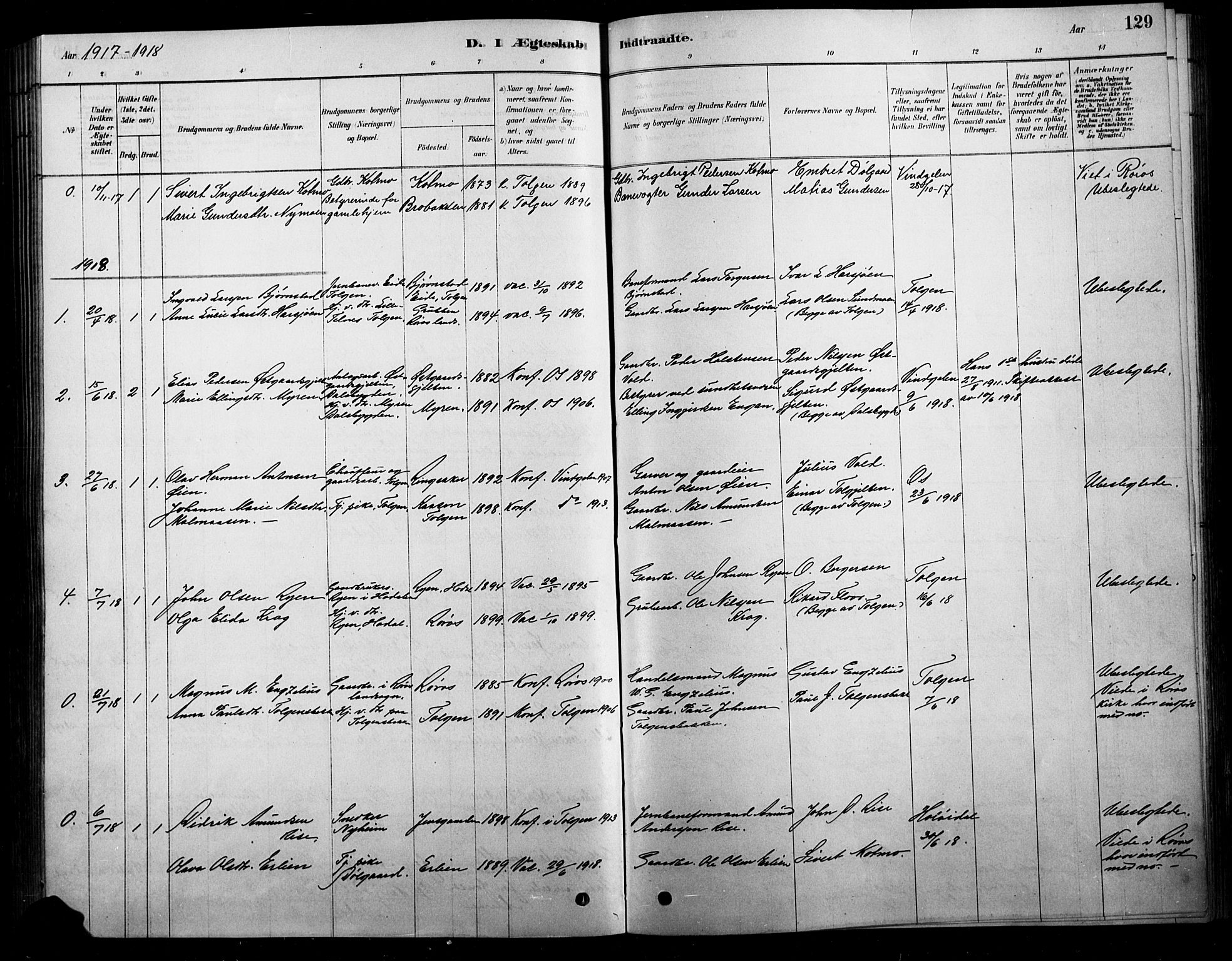 Tolga prestekontor, SAH/PREST-062/L/L0007: Parish register (copy) no. 7, 1878-1919, p. 129