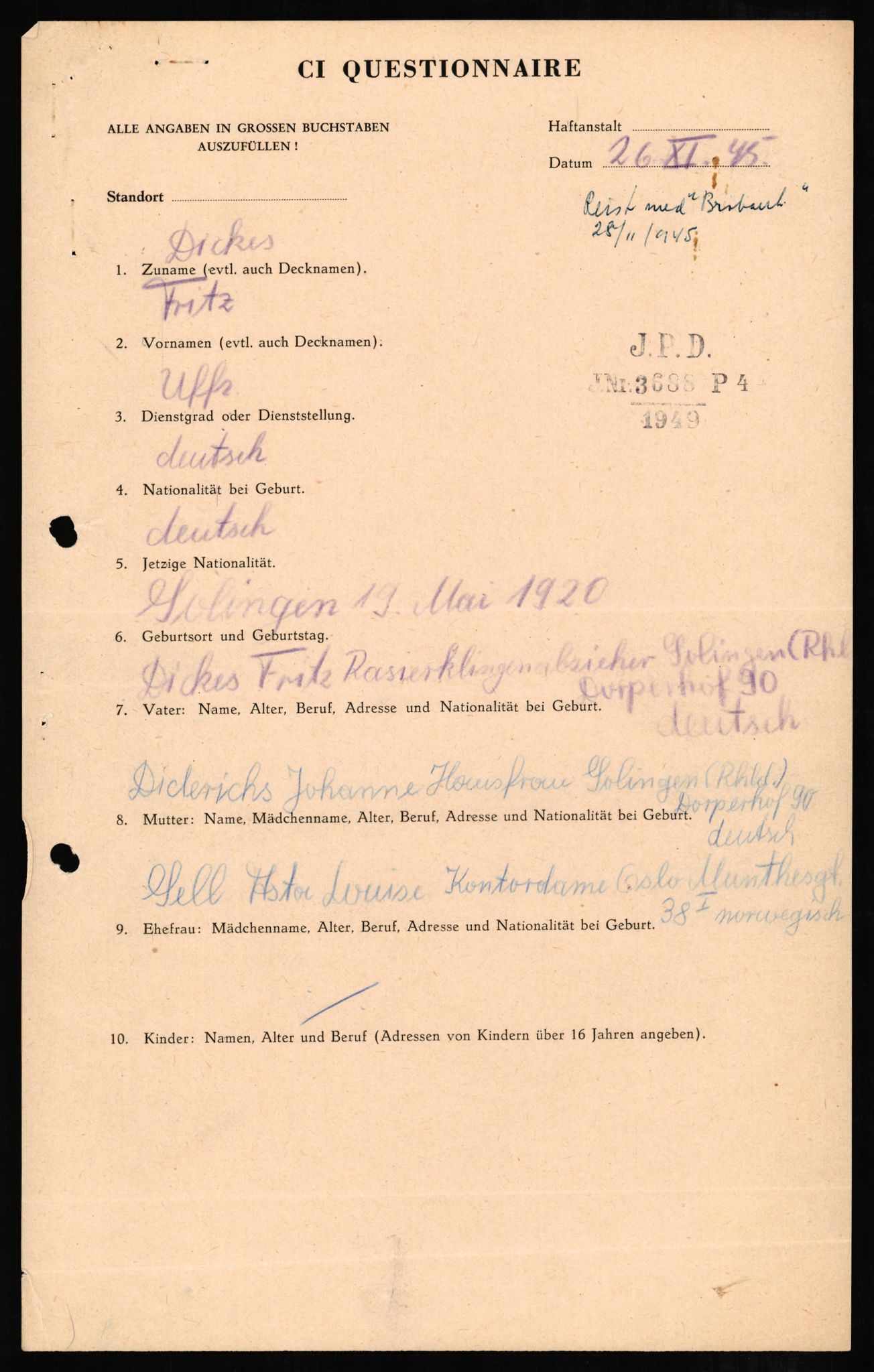 Forsvaret, Forsvarets overkommando II, AV/RA-RAFA-3915/D/Db/L0006: CI Questionaires. Tyske okkupasjonsstyrker i Norge. Tyskere., 1945-1946, p. 2