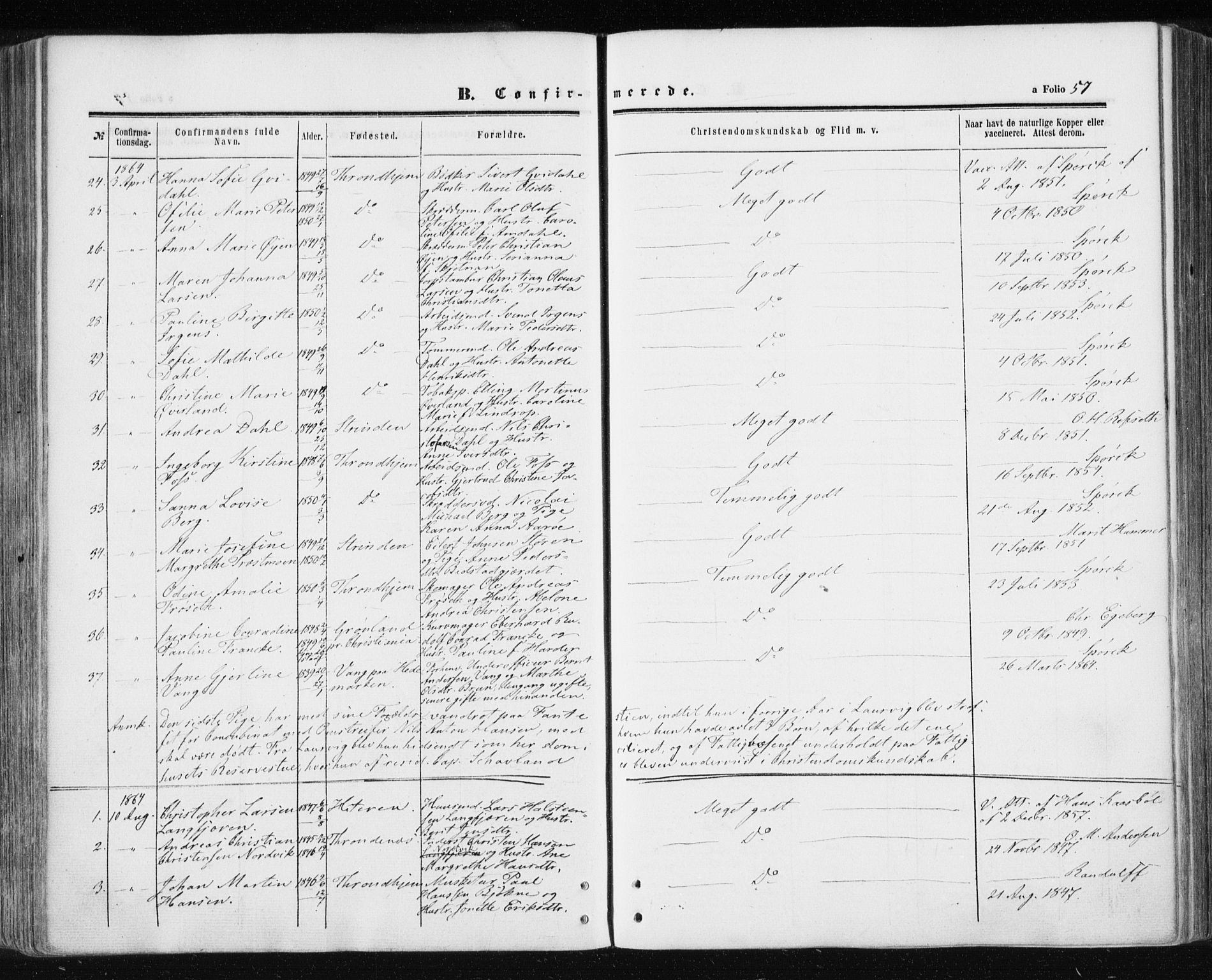 Ministerialprotokoller, klokkerbøker og fødselsregistre - Sør-Trøndelag, AV/SAT-A-1456/601/L0053: Parish register (official) no. 601A21, 1857-1865, p. 57