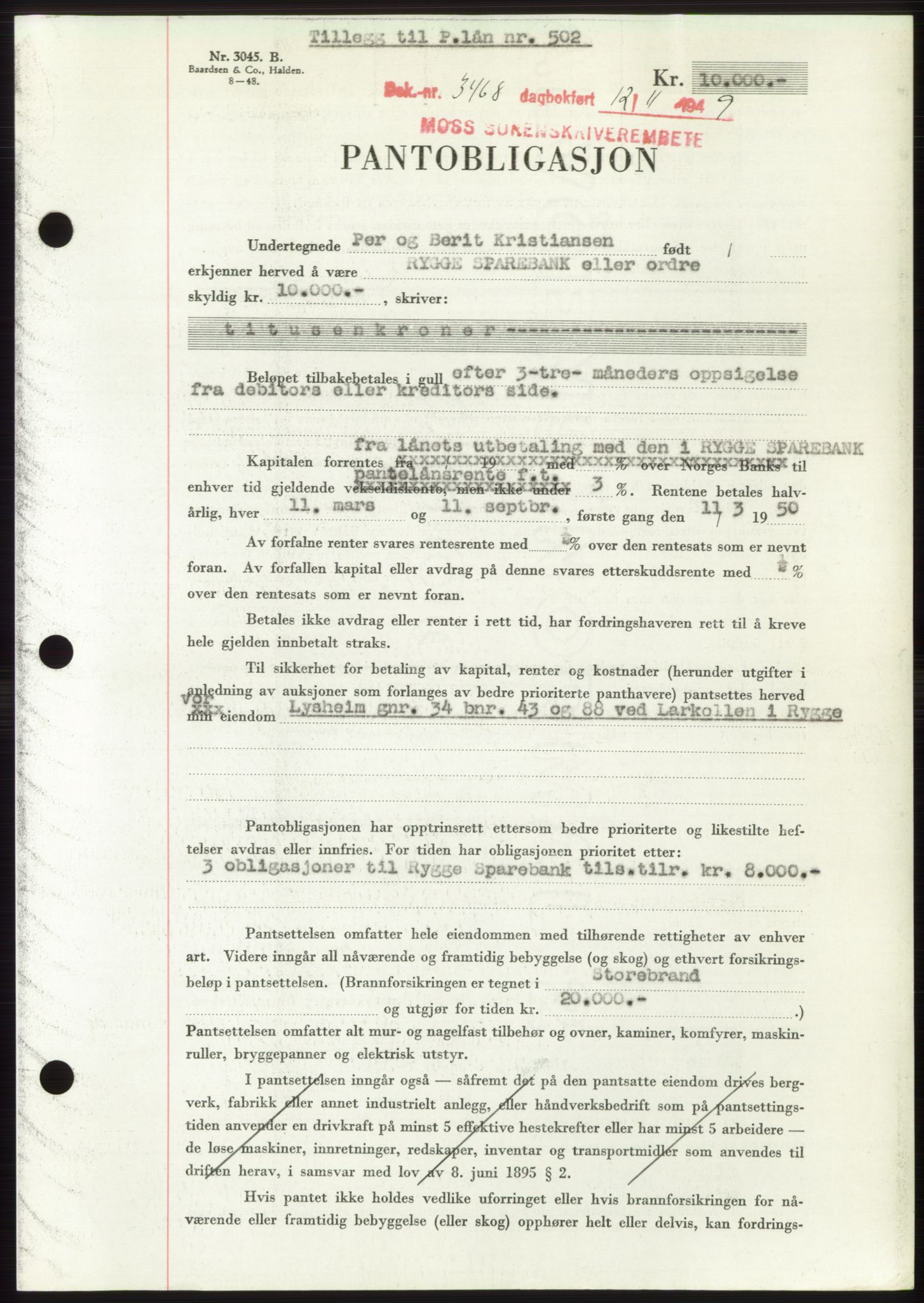 Moss sorenskriveri, SAO/A-10168: Mortgage book no. B23, 1949-1950, Diary no: : 3468/1949
