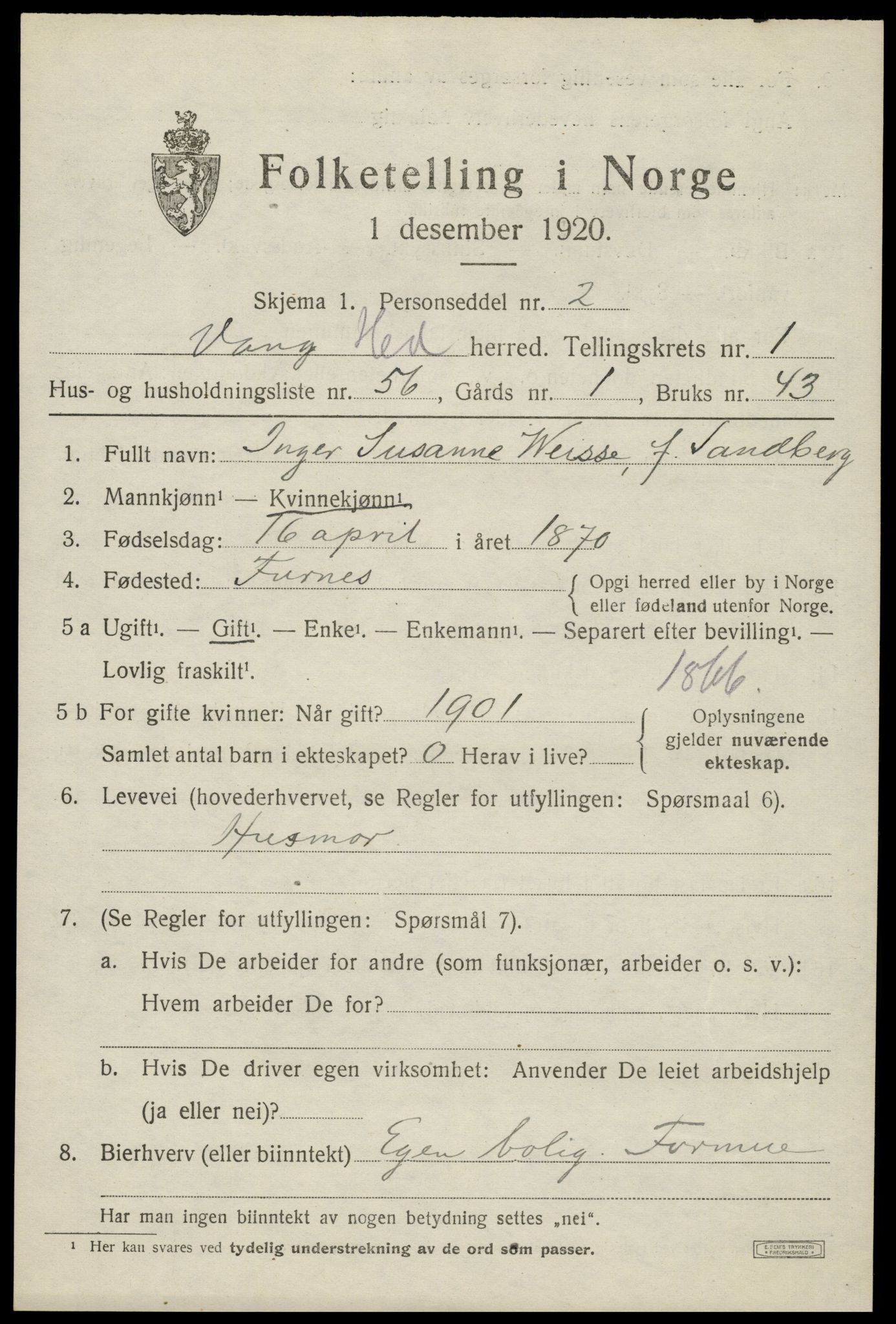 SAH, 1920 census for Vang (Hedmark), 1920, p. 3699
