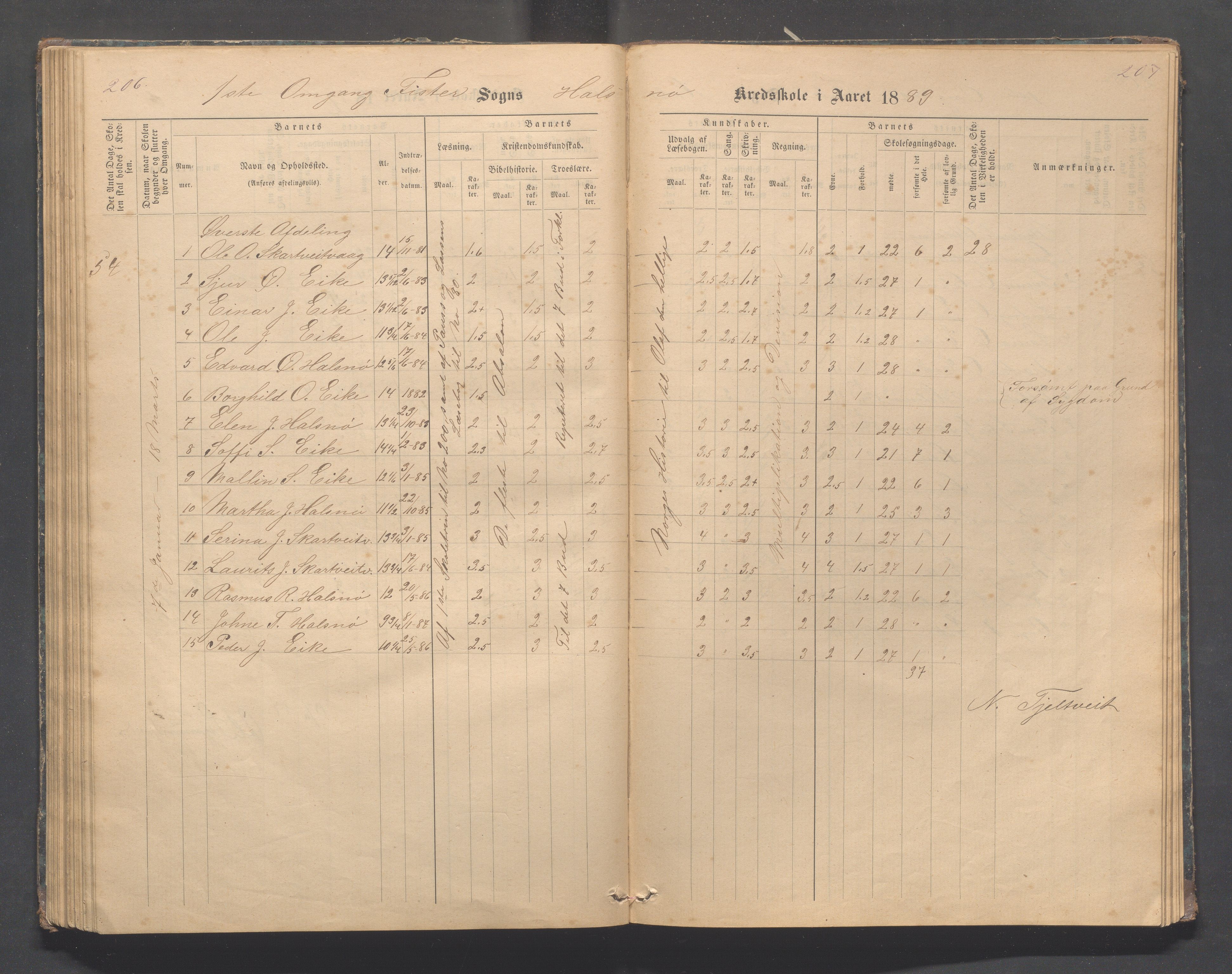 Fister kommune - Fister skule, IKAR/K-100114/H/L0002: Skoleprotokoll , 1877-1889, p. 206-207