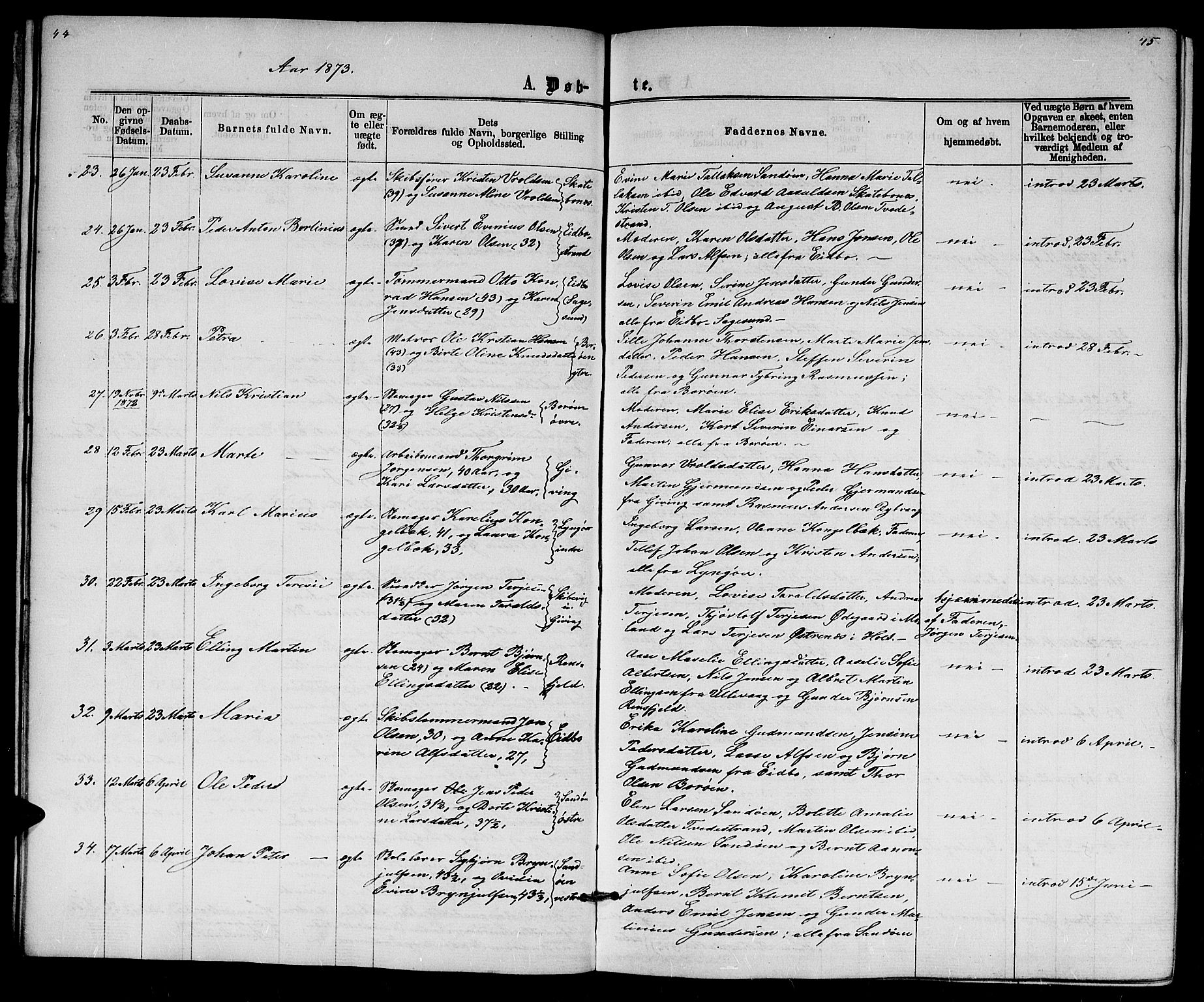Dypvåg sokneprestkontor, AV/SAK-1111-0007/F/Fb/Fba/L0012: Parish register (copy) no. B 12, 1872-1886, p. 44-45