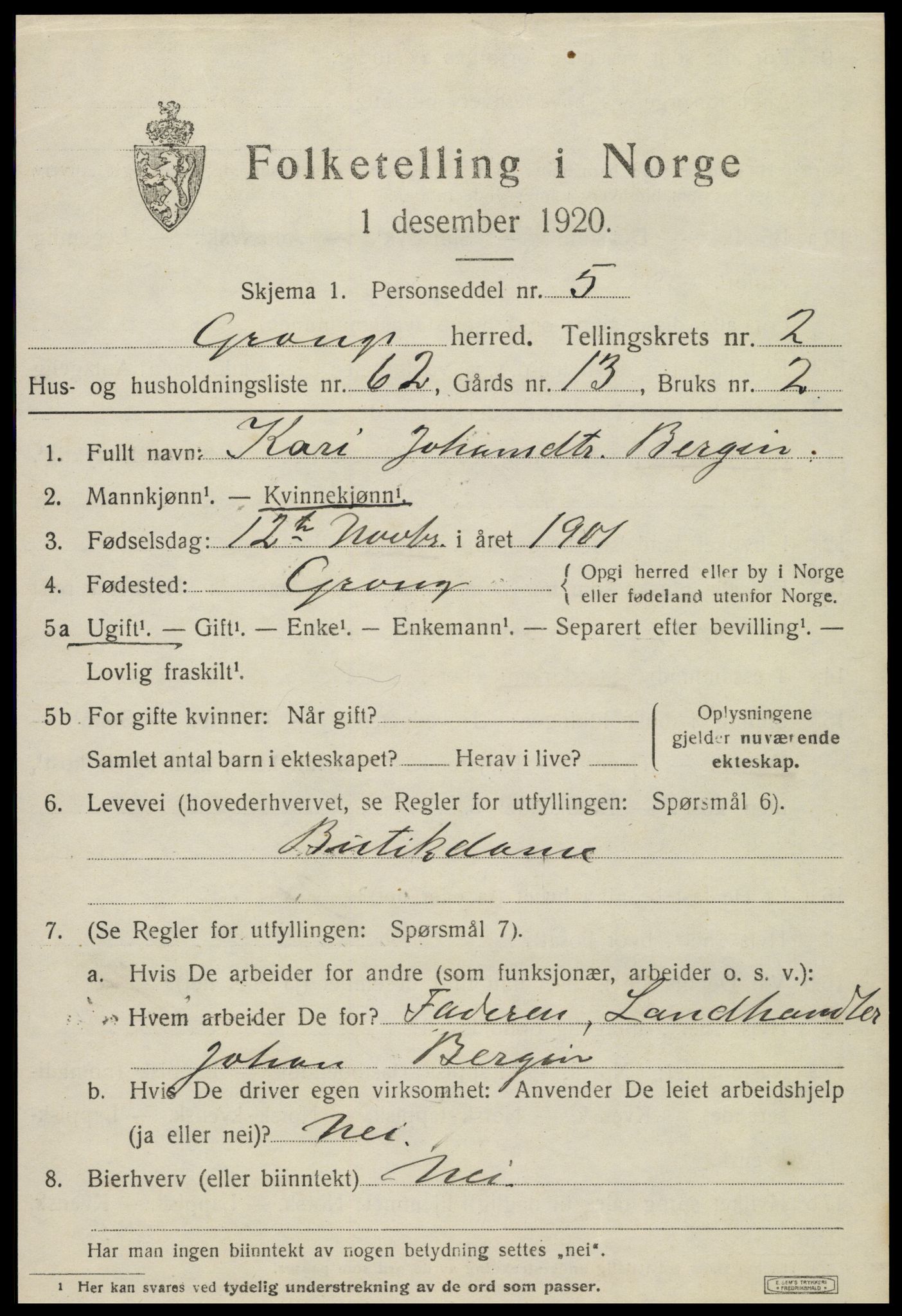 SAT, 1920 census for Grong, 1920, p. 2179